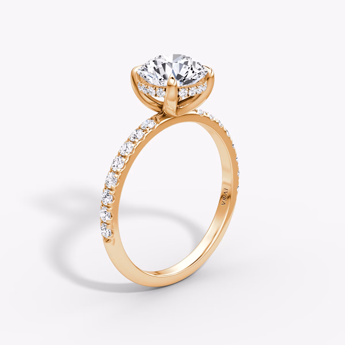 The Classic Hidden Halo | Round Brilliant | 14k | Rose Gold | bandAccent: Pavé | bandWidth: large | caratWeight: 2.0ct | prongStyle: Plain | diamondOrientation: vertical
