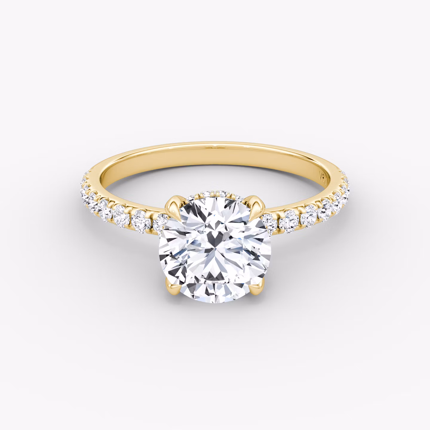 The Classic Hidden Halo | Round Brilliant | 18k | Yellow Gold | bandAccent: Pavé | bandWidth: large | caratWeight: 1.0ct | prongStyle: Plain | diamondOrientation: vertical