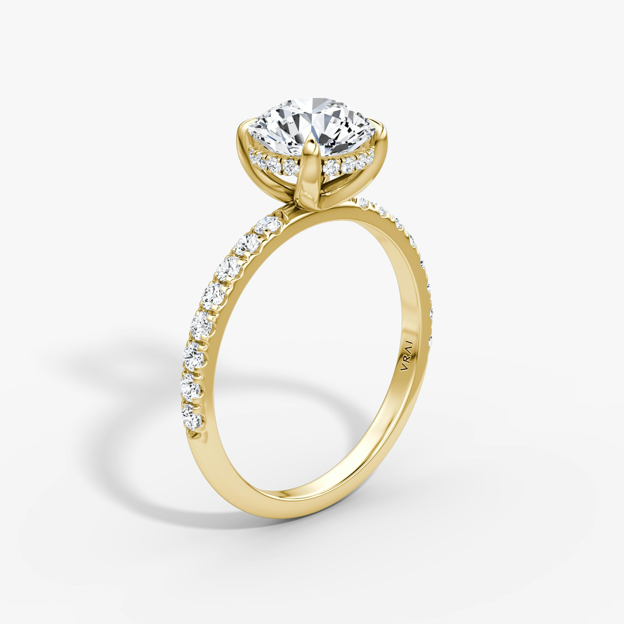 The Classic Hidden Halo | Round Brilliant | 18k | Yellow Gold | bandAccent: Pavé | bandWidth: large | caratWeight: other | prongStyle: Plain | diamondOrientation: vertical