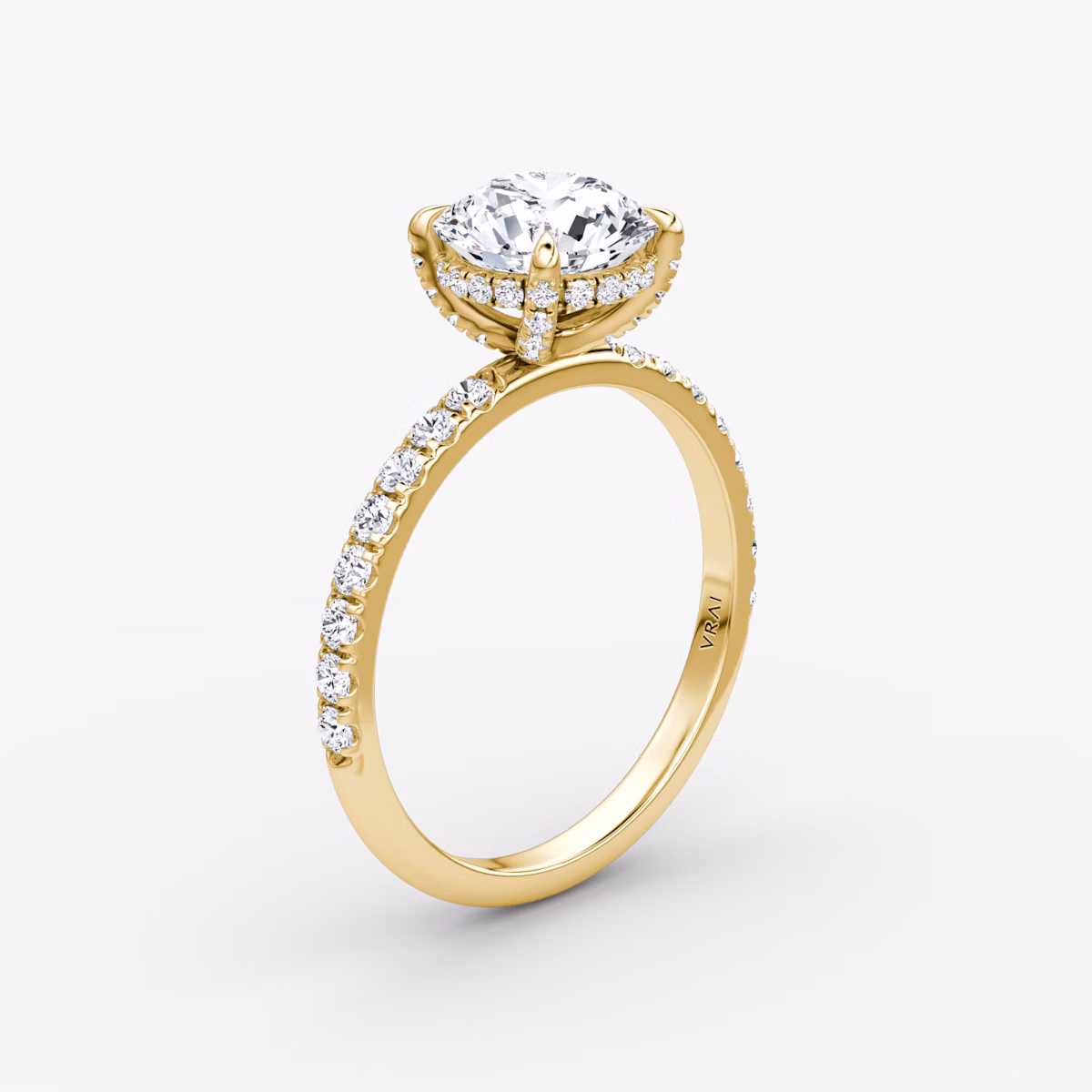 The Classic Hidden Halo | Round Brilliant | 18k | Yellow Gold | bandAccent: Pavé | bandWidth: large | caratWeight: other | prongStyle: Pavé | diamondOrientation: vertical