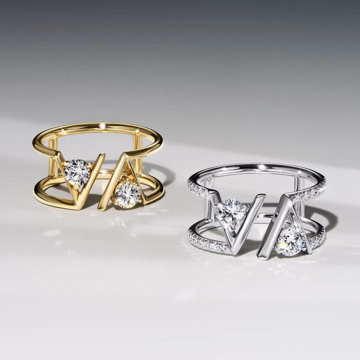 VRAI V Double Row Ring | Rund | 14k | Weißgold | bandAccent: Ohne Pavé-Besatz | diamondSize: petite