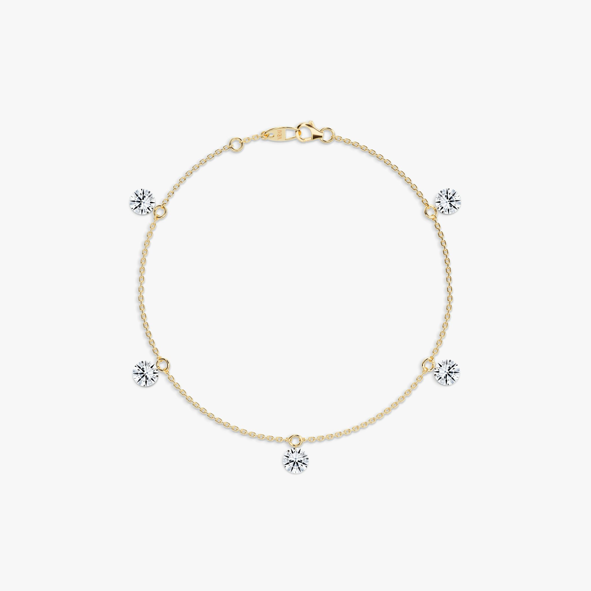 Floating Station Bracelet | Round Brilliant | 14k | Yellow Gold | diamondCount: 5 | diamondSize: large | chainLength: 7