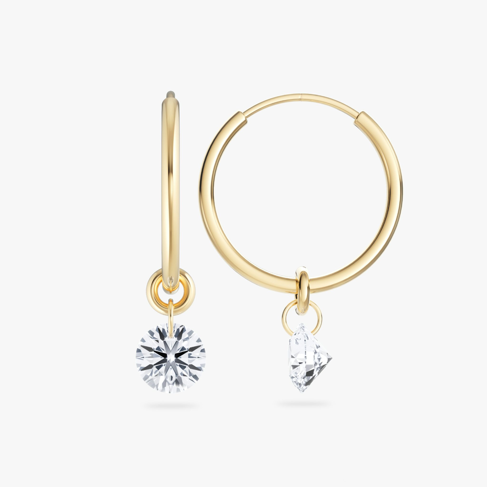 Floating Solitaire Huggie Hoops | Round Brilliant | 14k | Yellow Gold