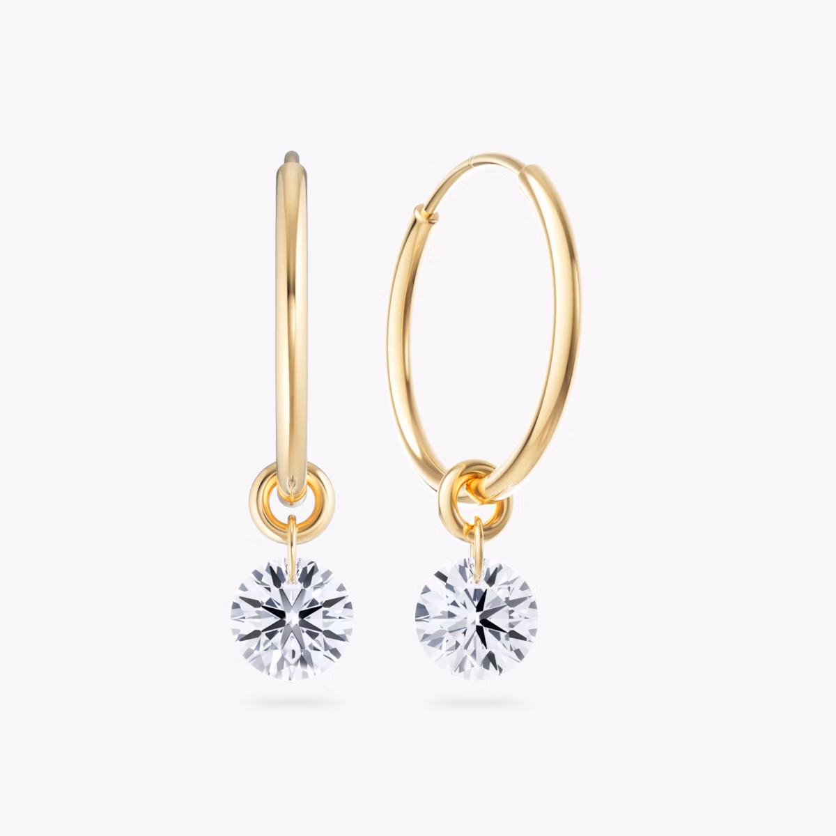 Floating Solitaire Huggie Hoops | Round Brilliant | 14k | Yellow Gold