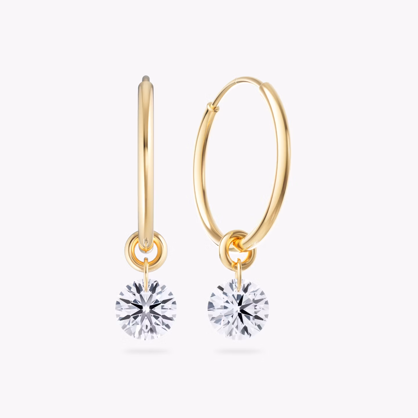 Floating Solitaire Huggie Hoops | Round Brilliant | 14k | Yellow Gold