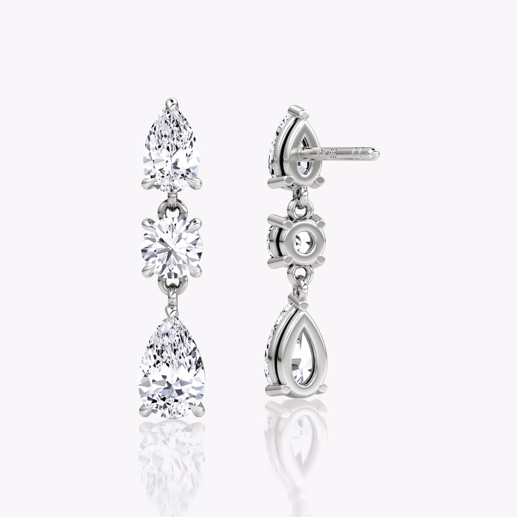 Three Stone Drop Earring | Round Brilliant and Pear | 14k | White Gold