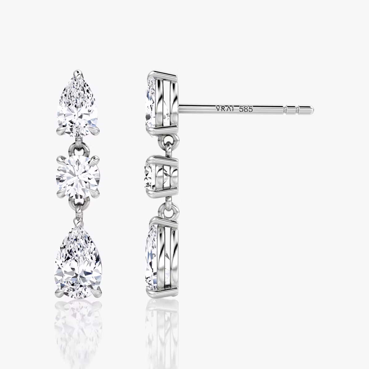 Three Stone Drop Earring | Round Brilliant and Pear | 14k | White Gold