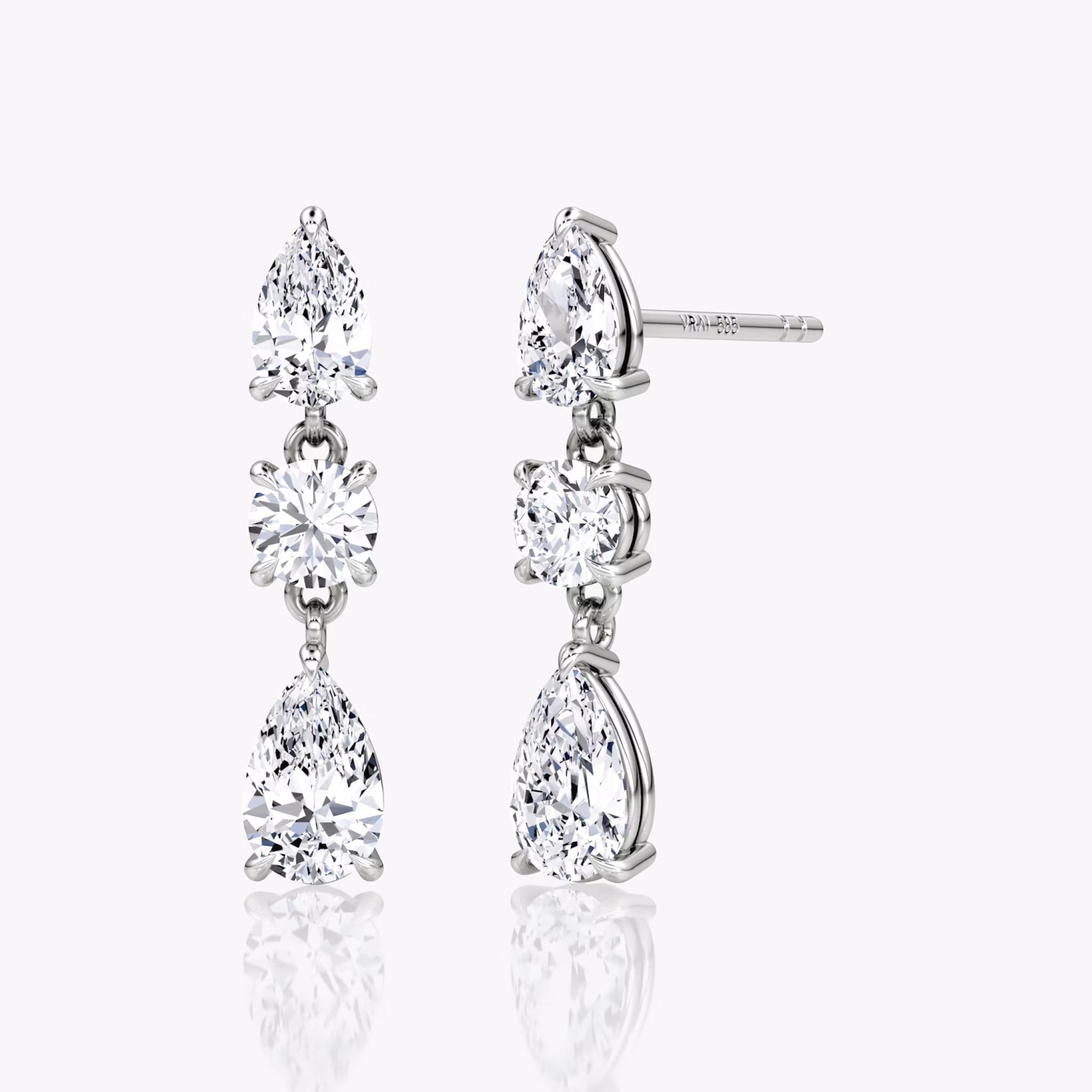 Three Stone Drop Earring | Round Brilliant and Pear | 14k | White Gold