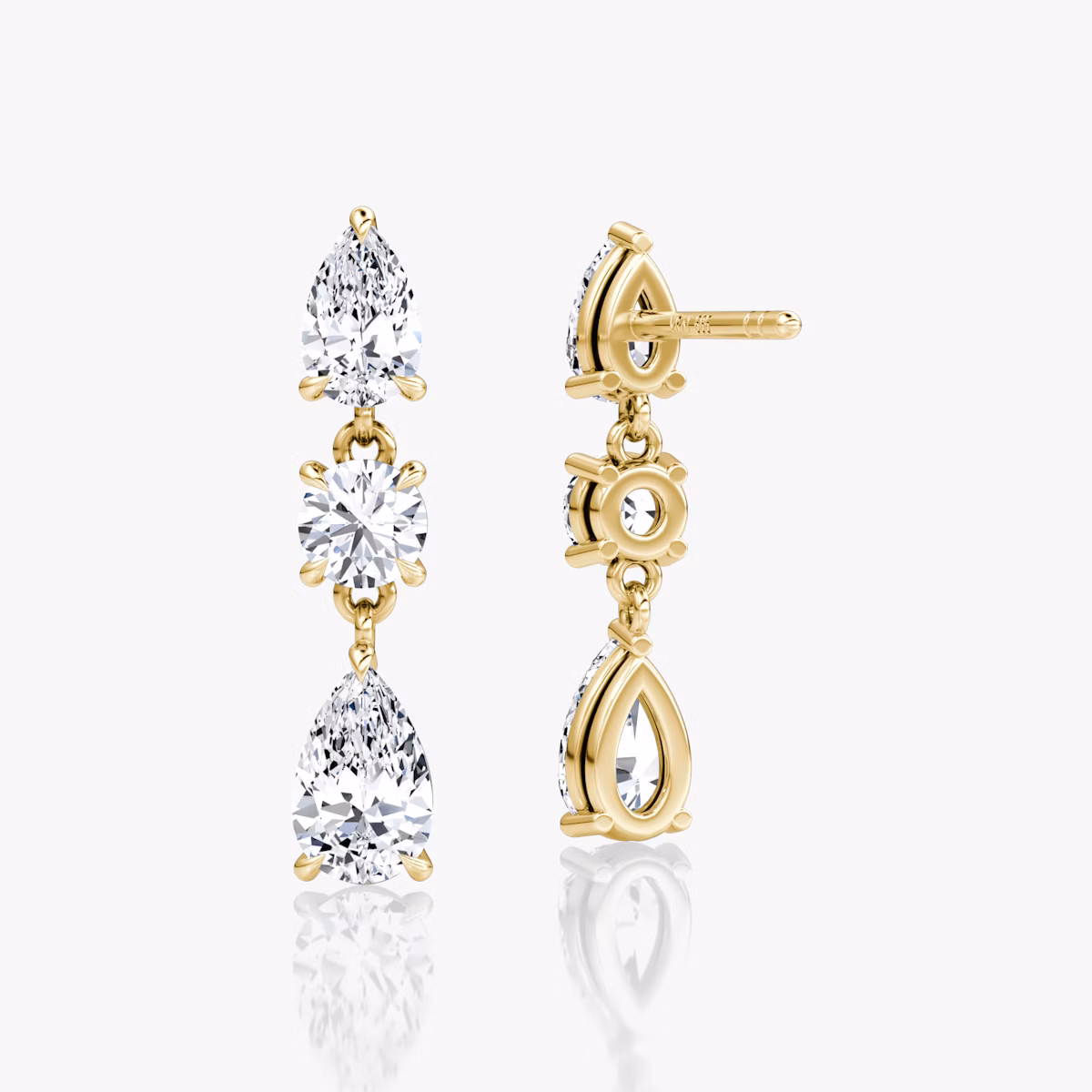 Three Stone Drop Earring | Round Brilliant and Pear | 14k | Yellow Gold