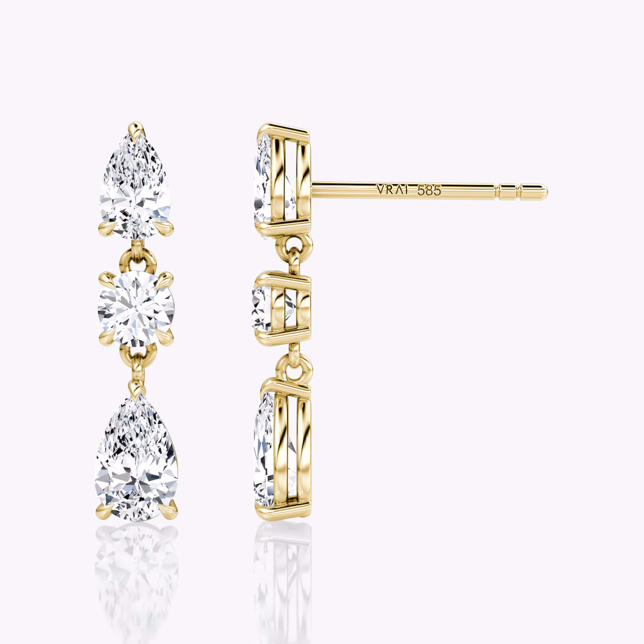 Three Stone Drop Earring | Round Brilliant and Pear | 14k | Yellow Gold