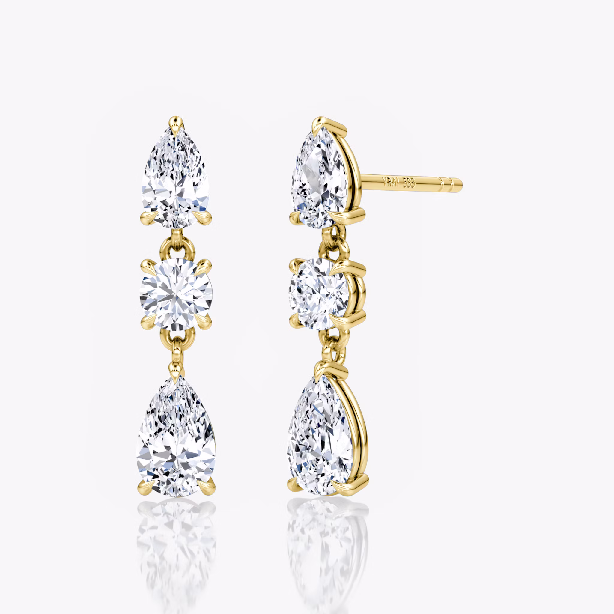Three Stone Drop Ohrring Rund und Tropfen | Yellow Gold