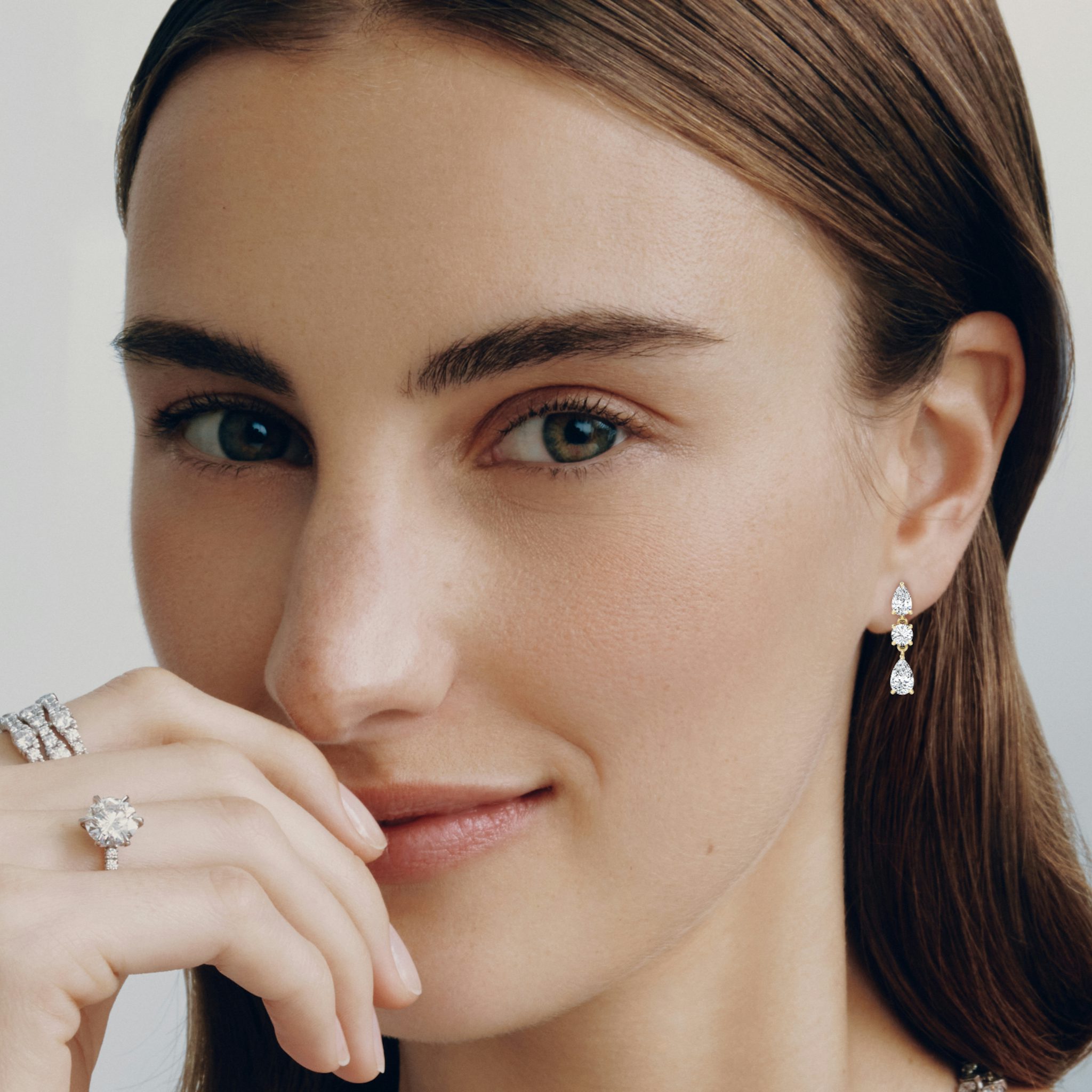 Three Stone Drop Earring | Round Brilliant and Pear | 14k | Yellow Gold