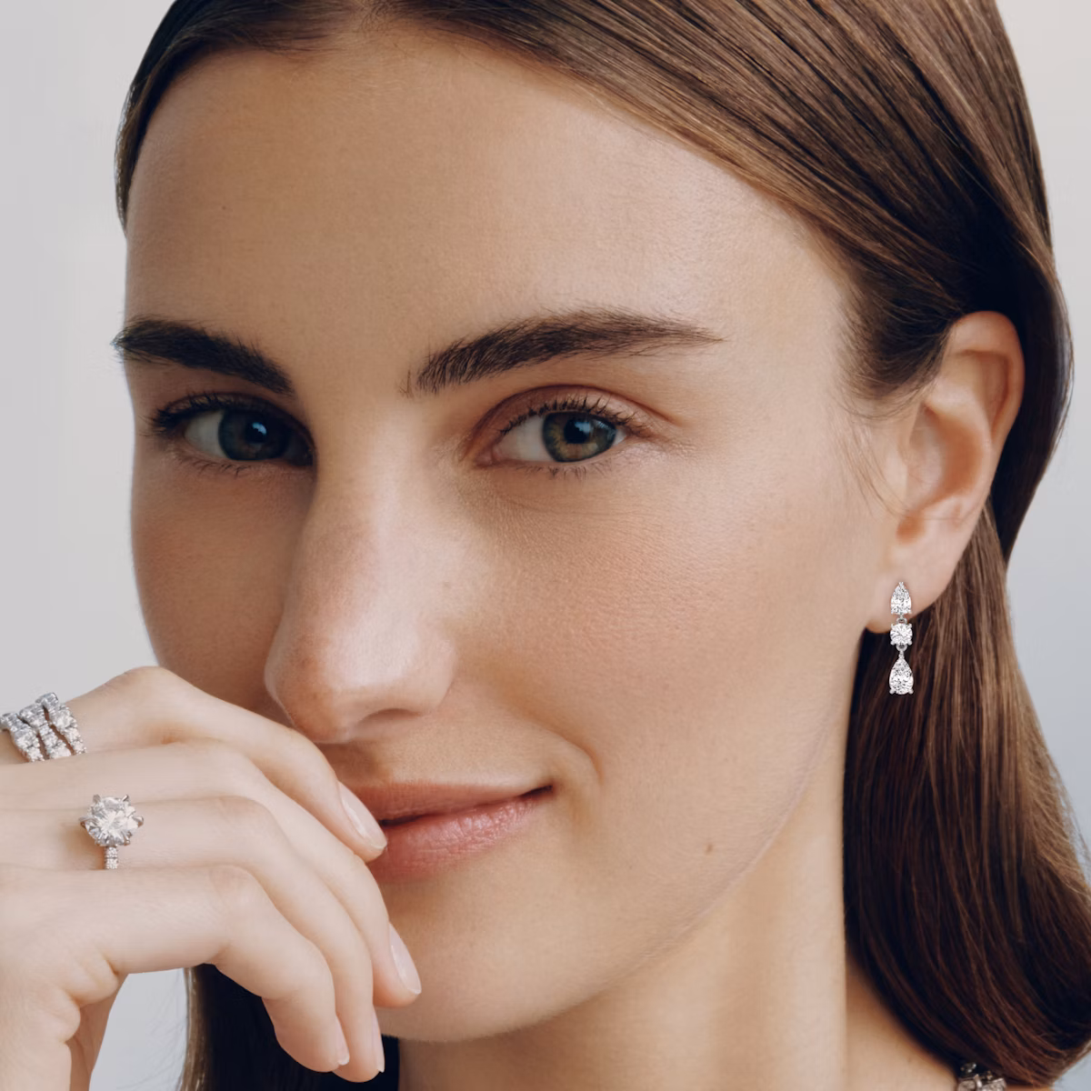Three Stone Drop Earring | Round Brilliant and Pear | 14k | White Gold