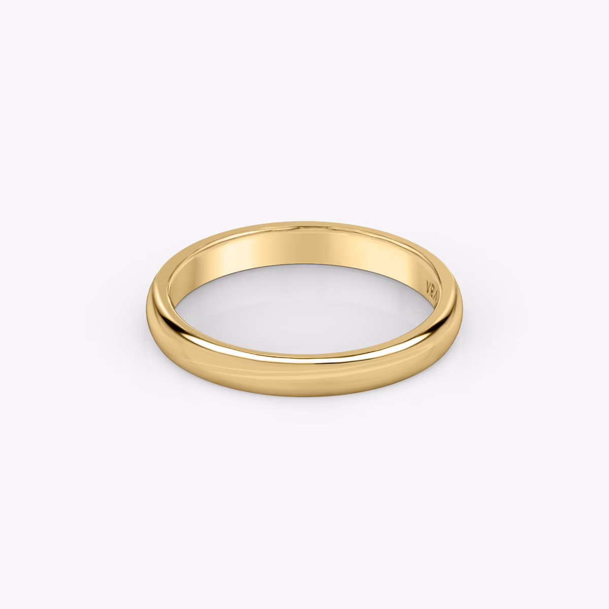 3mm yellow gold domed wedding band with polished finish, displayed on white background.