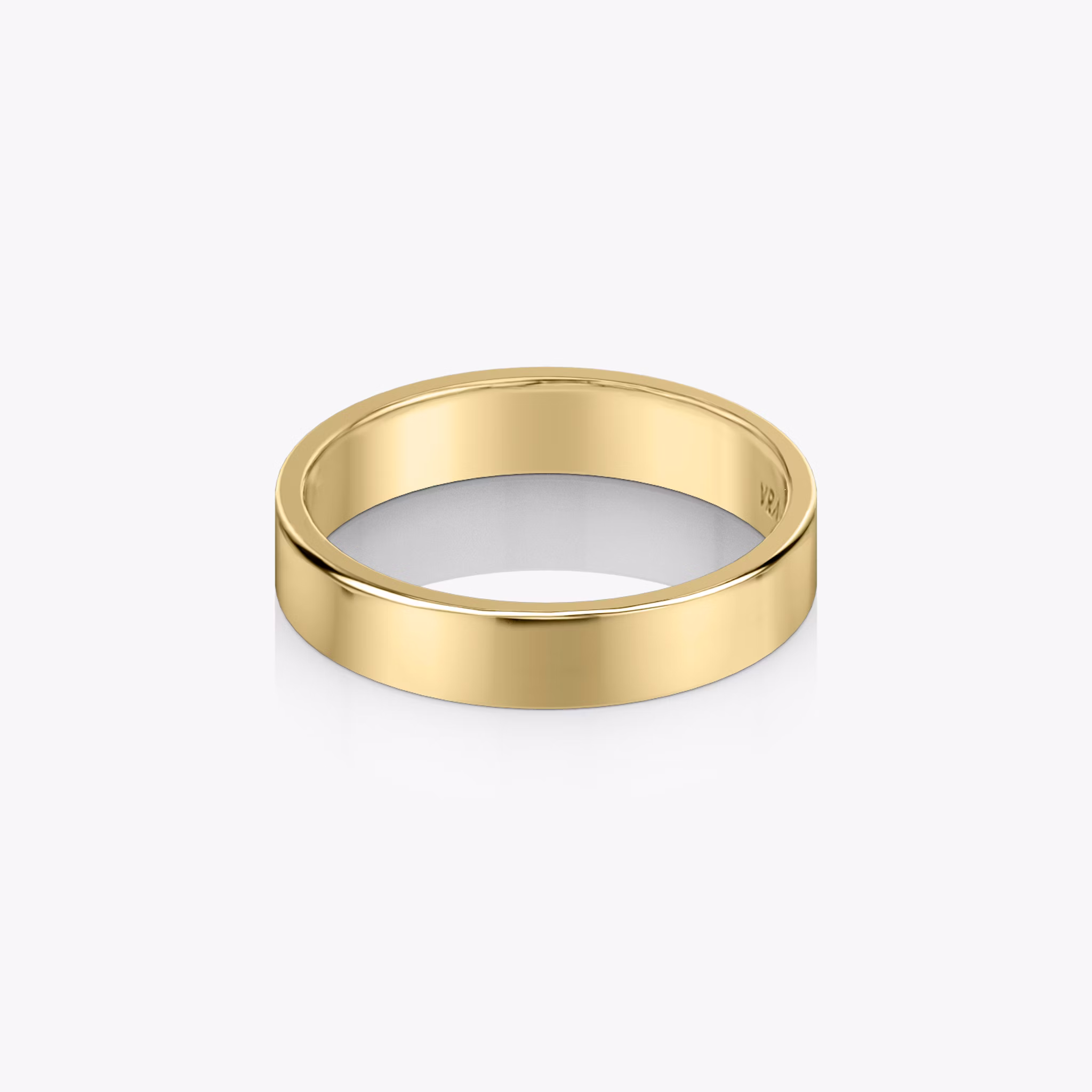 Flat band ring, 4.5mm wide, crafted in yellow gold with a faux finish, shown on white background.