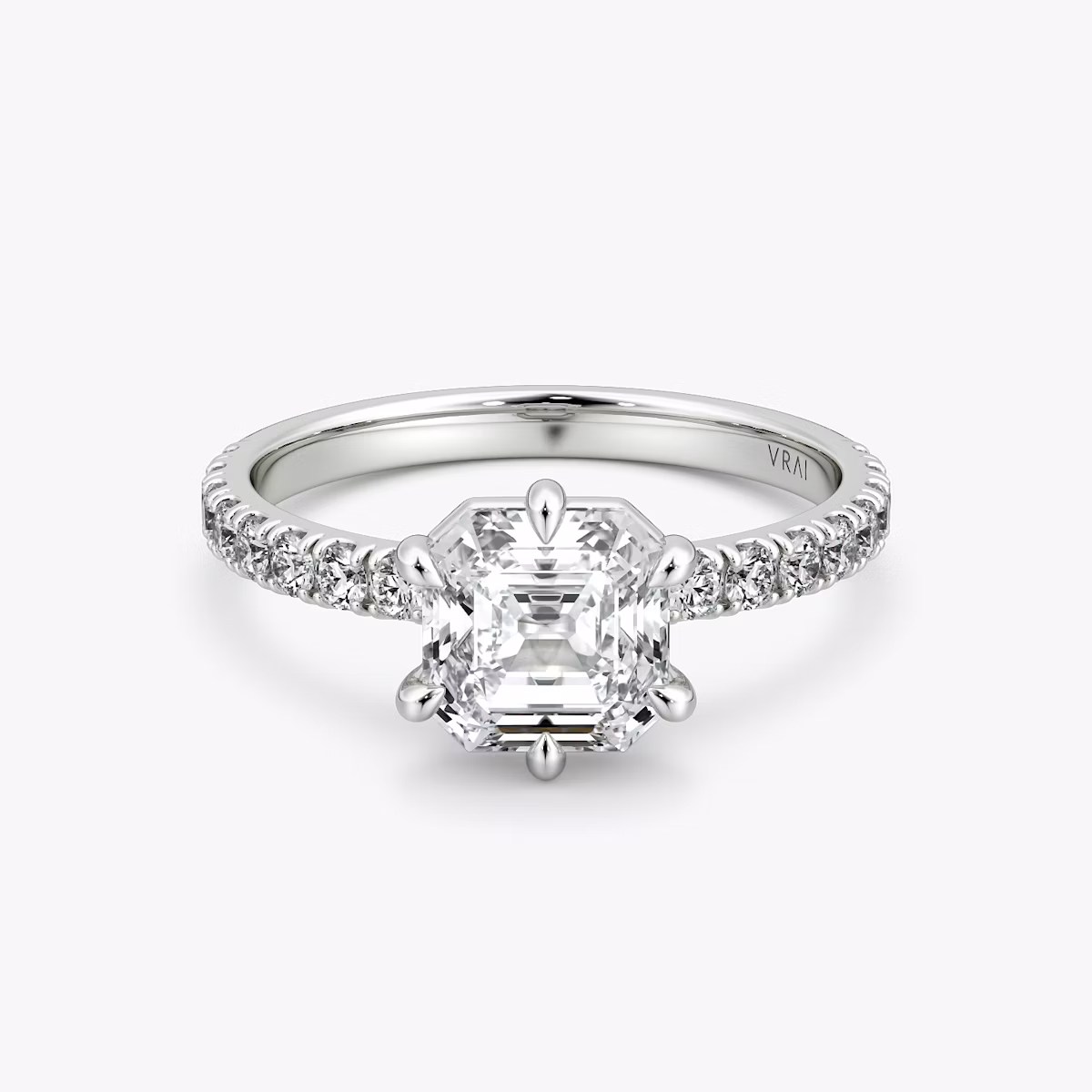 The Signature 6 Prong | Asscher | Platinum | bandAccent: Pavé | bandWidth: large | hiddenHalo: no | diamondOrientation: vertical | caratWeight: other