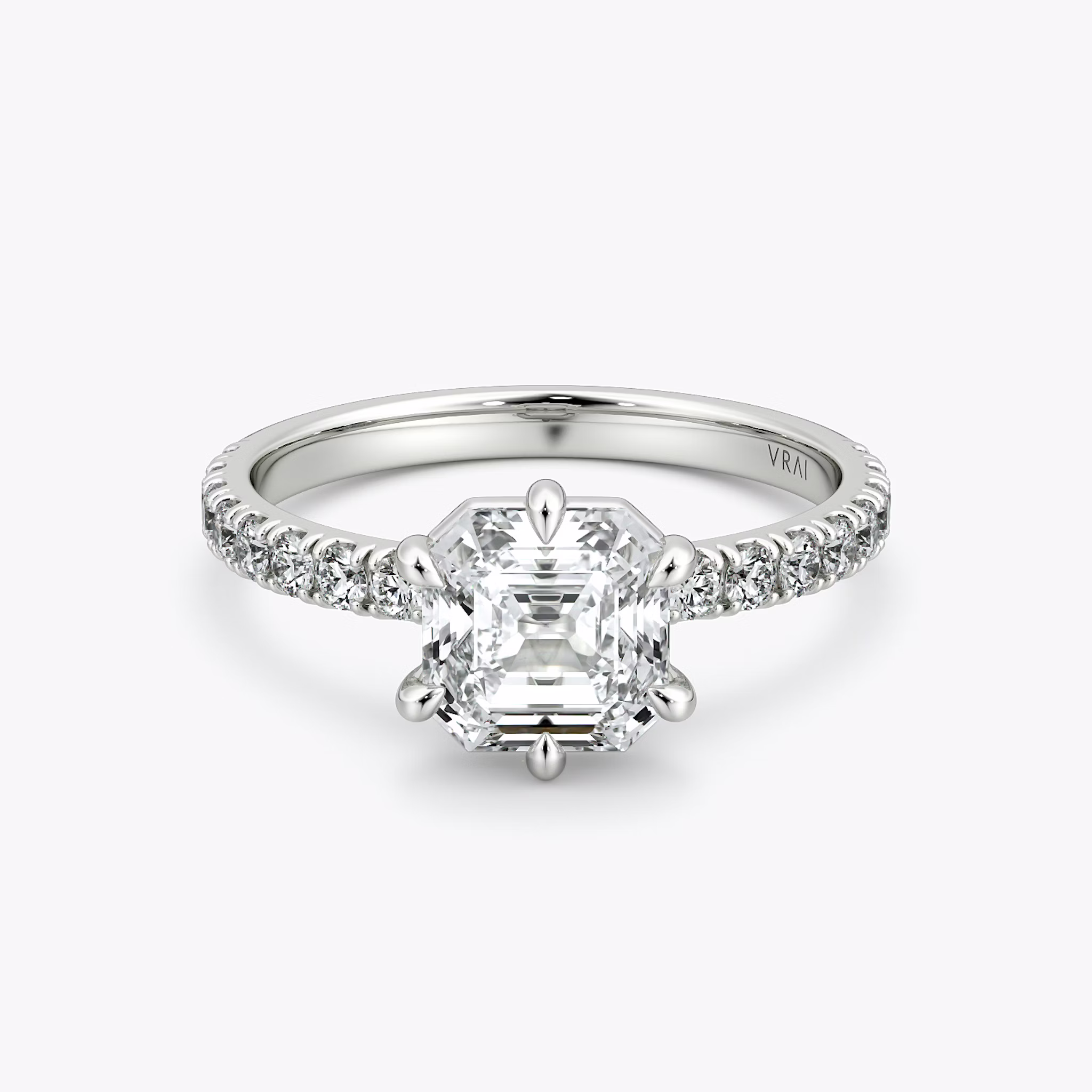 The Signature 6 Prong | Asscher | 18k | White Gold | bandAccent: Pavé | bandWidth: large | hiddenHalo: no | diamondOrientation: vertical | caratWeight: other