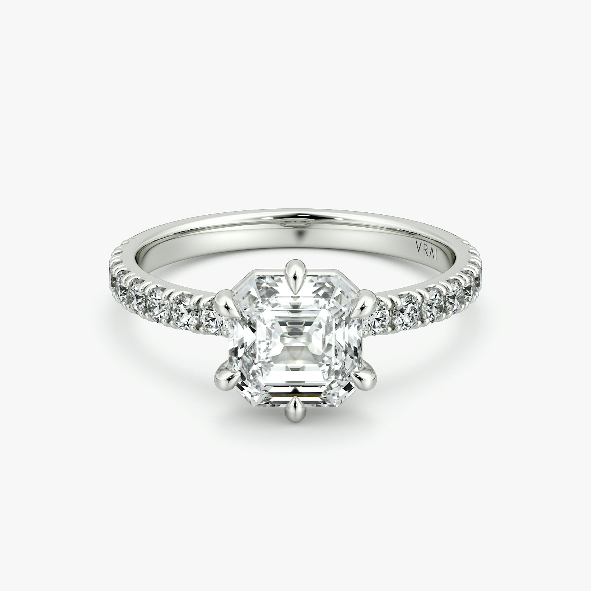 The Signature 6 Prong | Asscher | 18k | White Gold | bandAccent: Pavé | bandWidth: large | hiddenHalo: no | diamondOrientation: vertical | caratWeight: other