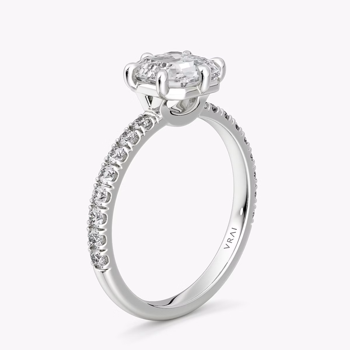 The Signature 6 Prong | Asscher | Platinum | bandAccent: Pavé | bandWidth: large | hiddenHalo: no | diamondOrientation: vertical | caratWeight: other