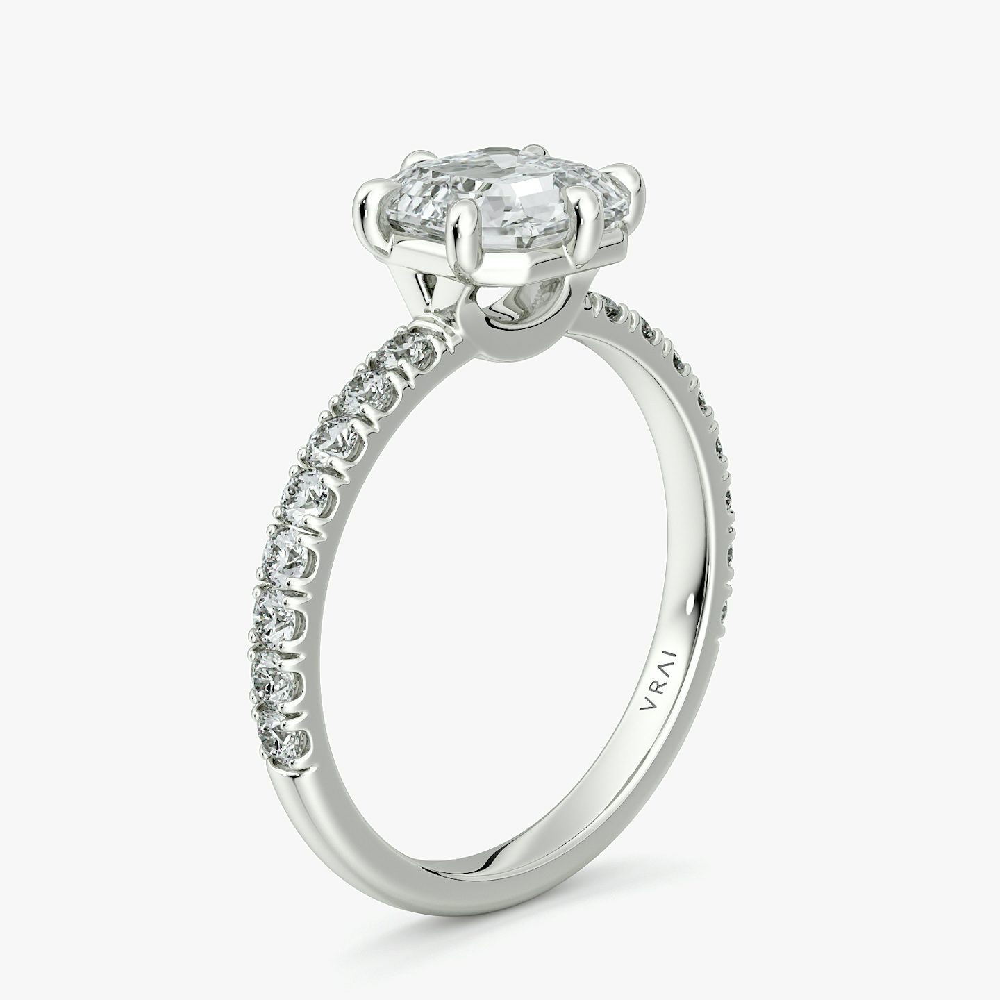 The Signature 6 Prong | Asscher | 18k | White Gold | bandAccent: Pavé | bandWidth: large | hiddenHalo: no | diamondOrientation: vertical | caratWeight: other