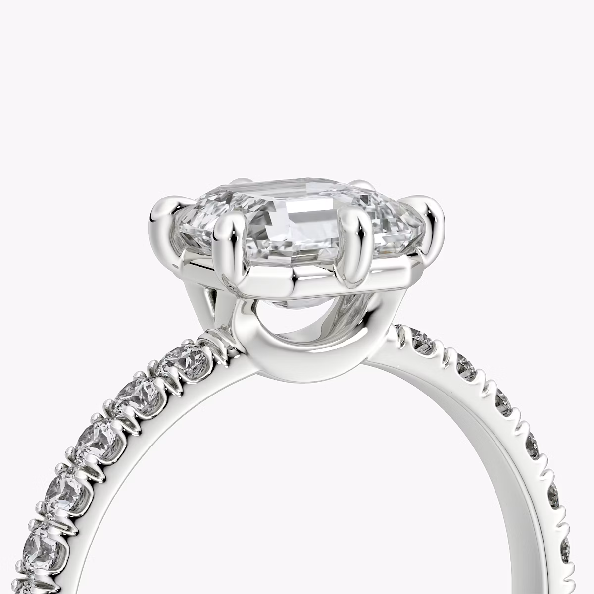The Signature 6 Prong | Asscher | Platinum | bandAccent: Pavé | bandWidth: large | hiddenHalo: no | diamondOrientation: vertical | caratWeight: other