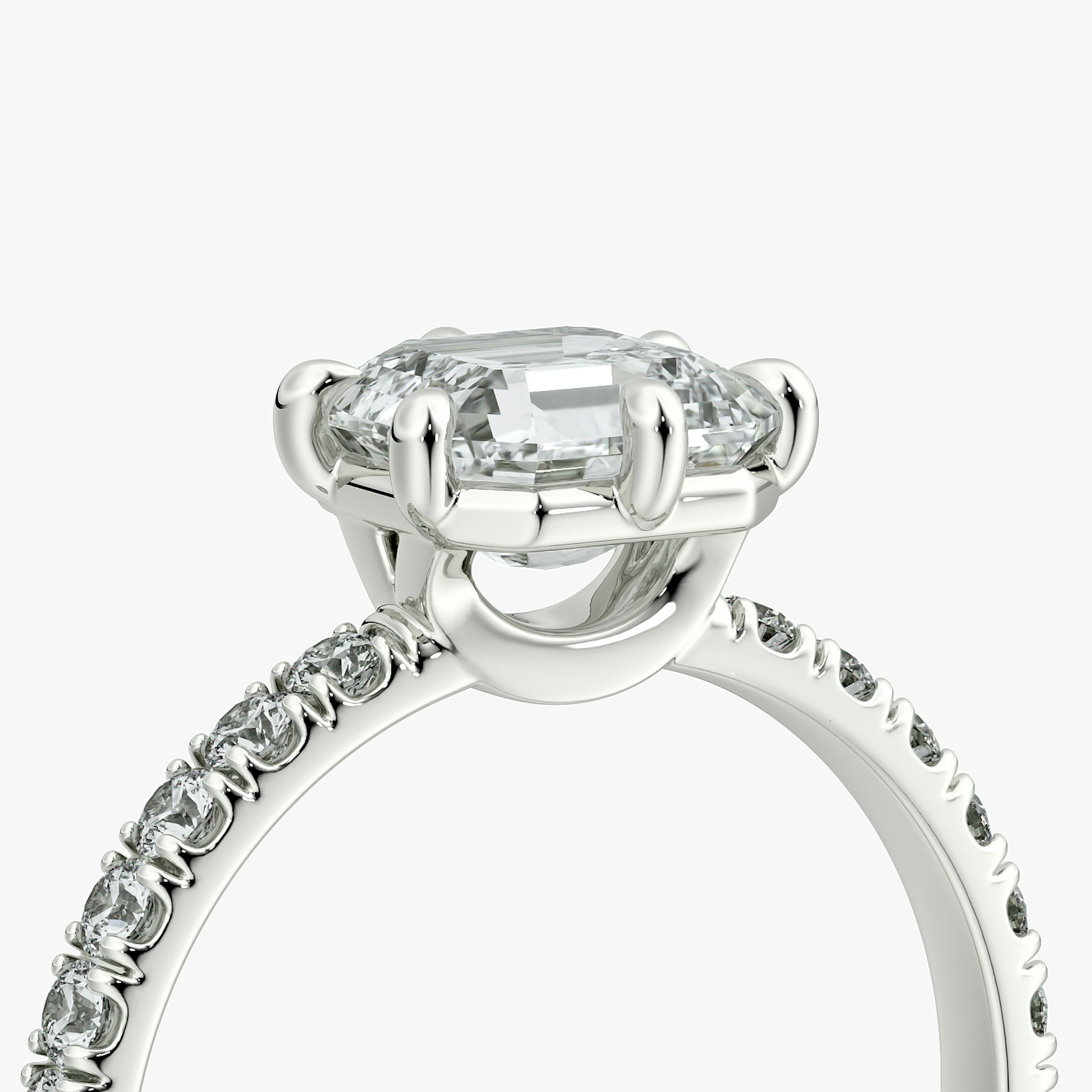 The Signature 6 Prong | Asscher | 18k | White Gold | bandAccent: Pavé | bandWidth: large | hiddenHalo: no | diamondOrientation: vertical | caratWeight: other