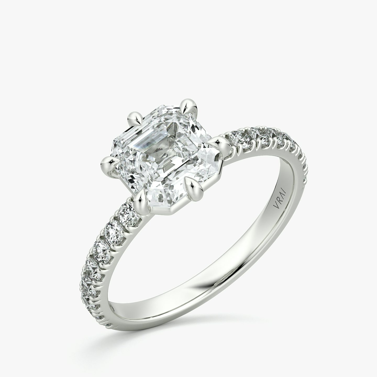 The Signature 6 Prong | Asscher | 18k | White Gold | bandAccent: Pavé | bandWidth: large | hiddenHalo: no | diamondOrientation: vertical | caratWeight: other