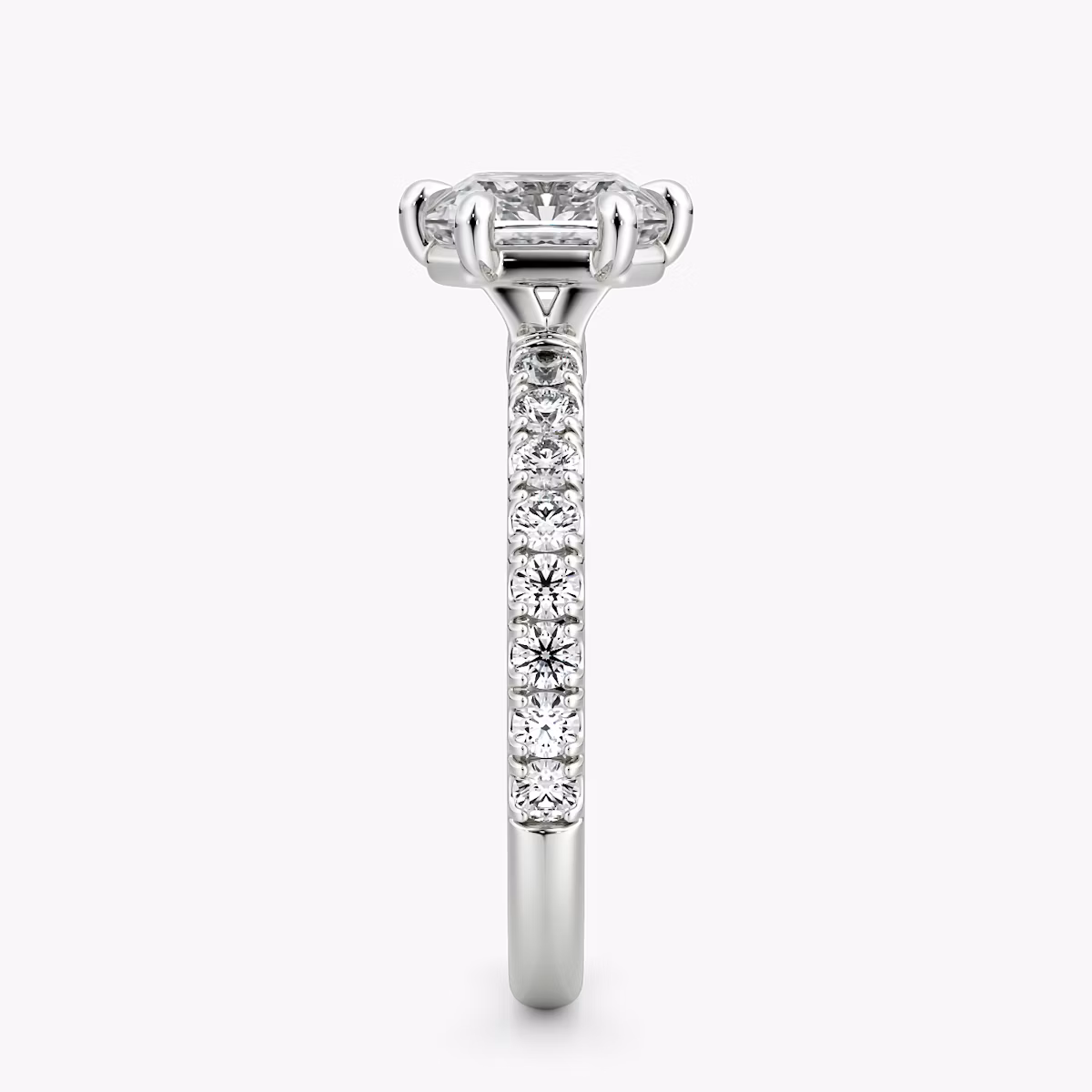 The Signature 6 Prong | Asscher | Platinum | bandAccent: Pavé | bandWidth: large | hiddenHalo: no | diamondOrientation: vertical | caratWeight: other