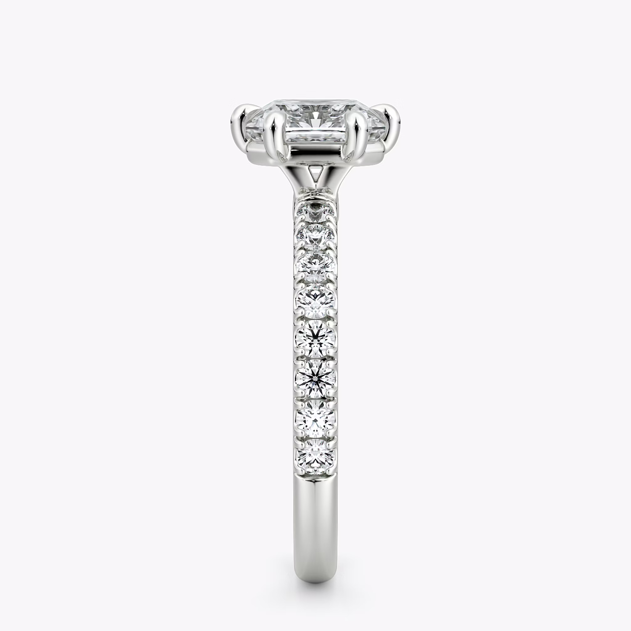 The Signature 6 Prong | Asscher | 18k | White Gold | bandAccent: Pavé | bandWidth: large | hiddenHalo: no | diamondOrientation: vertical | caratWeight: other