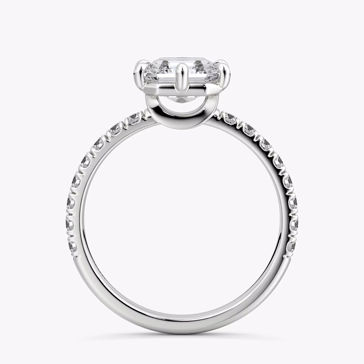 The Signature 6 Prong | Asscher | Platinum | bandAccent: Pavé | bandWidth: large | hiddenHalo: no | diamondOrientation: vertical | caratWeight: other
