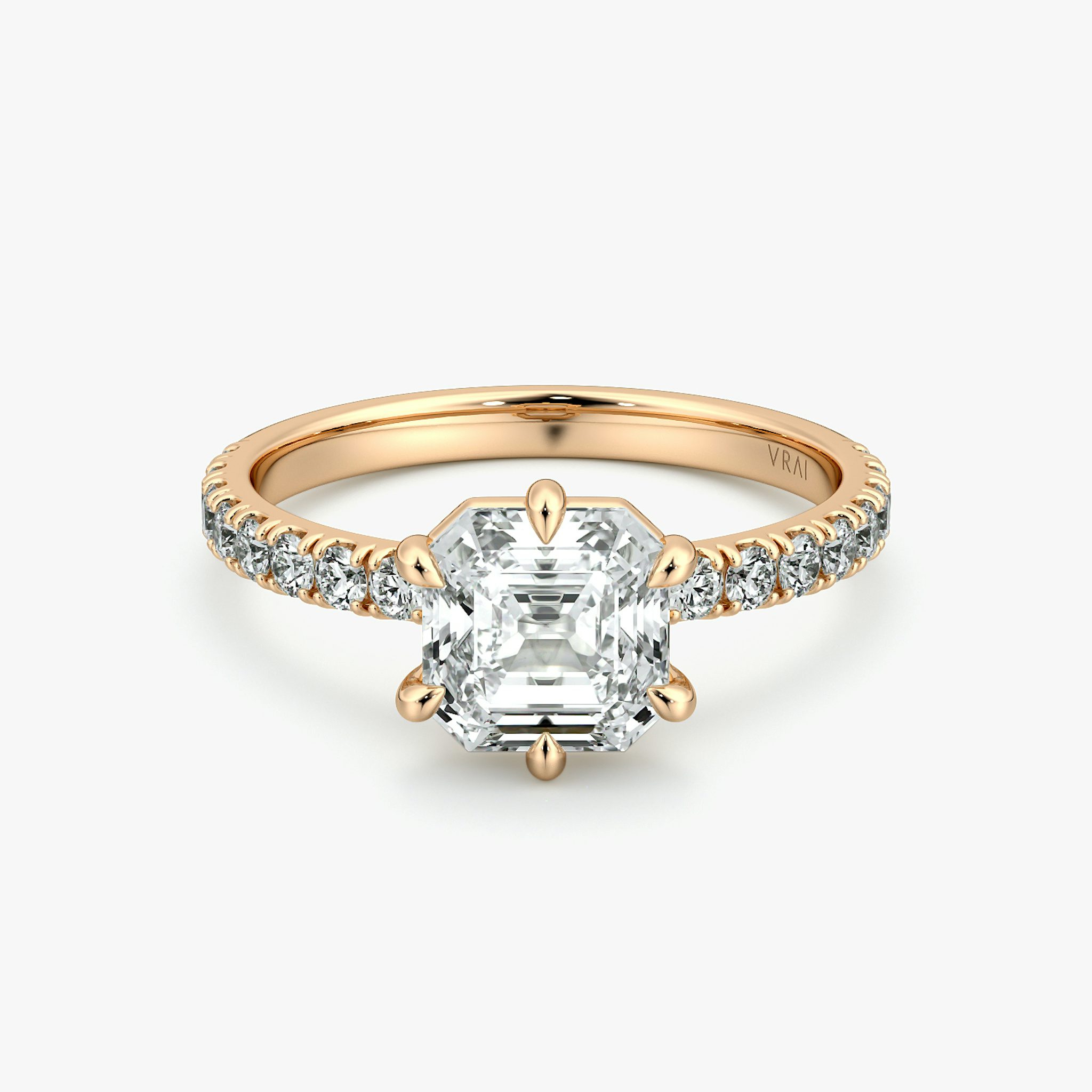 The Signature 6 Prong | Asscher | 14k | Rose Gold | bandAccent: Pavé | bandWidth: large | hiddenHalo: no | diamondOrientation: vertical | caratWeight: other