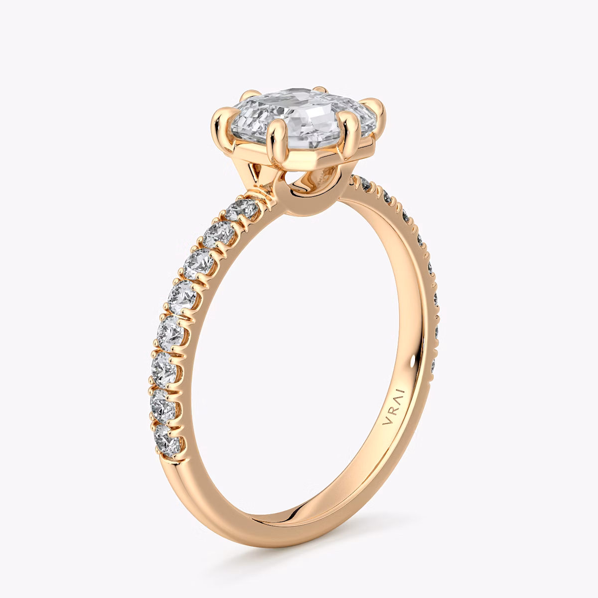 The Signature 6 Prong | Asscher | 14k | Rose Gold | bandAccent: Pavé | bandWidth: large | hiddenHalo: no | diamondOrientation: vertical | caratWeight: other
