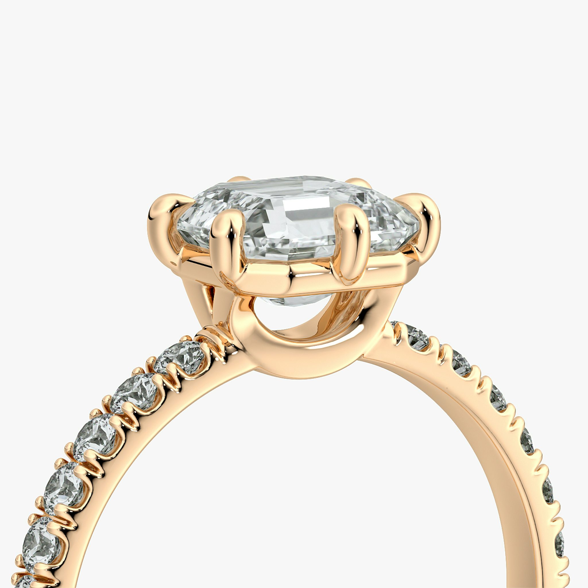 The Signature 6 Prong | Asscher | 14k | Rose Gold | bandAccent: Pavé | bandWidth: large | hiddenHalo: no | diamondOrientation: vertical | caratWeight: other