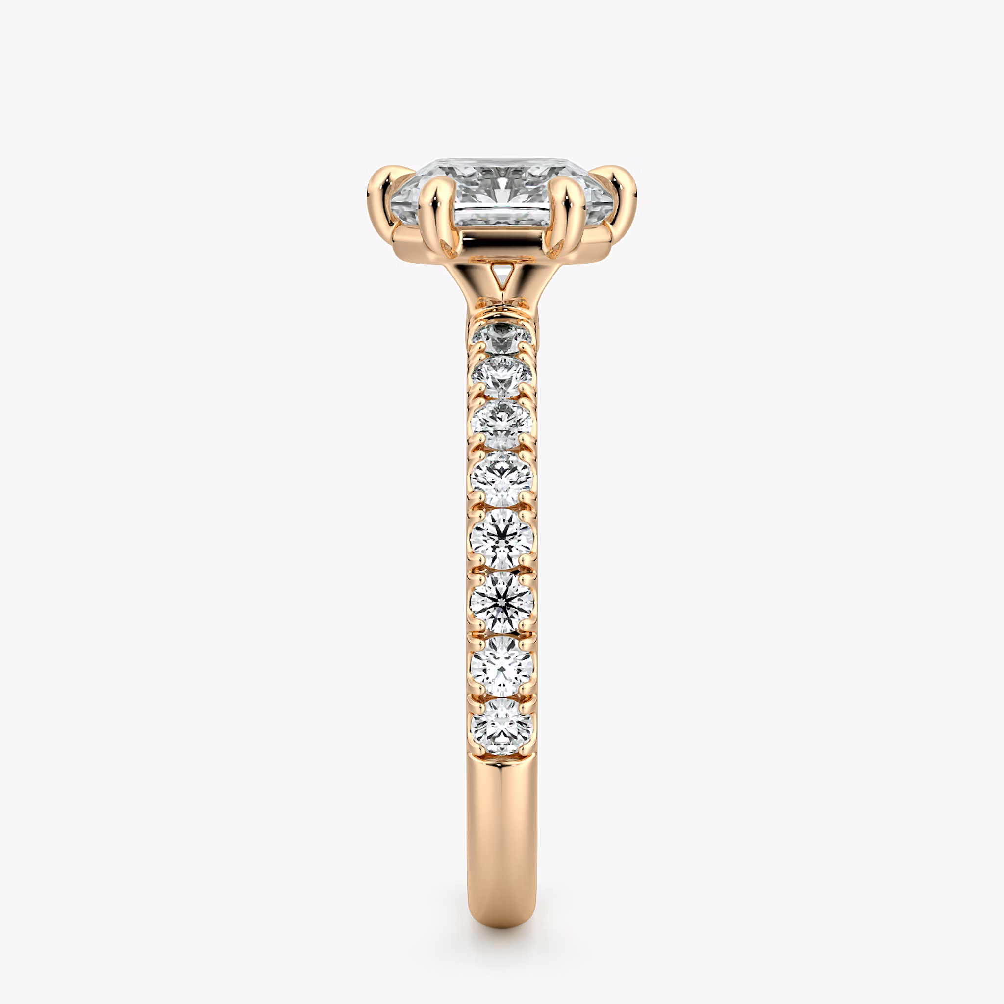 The Signature 6 Prong | Asscher | 14k | Rose Gold | bandAccent: Pavé | bandWidth: large | hiddenHalo: no | diamondOrientation: vertical | caratWeight: other