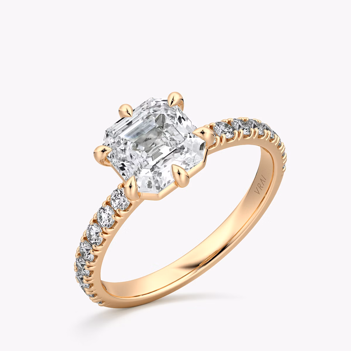The Signature 6 Prong | Asscher | 14k | Rose Gold | bandAccent: Pavé | bandWidth: large | hiddenHalo: no | diamondOrientation: vertical | caratWeight: other