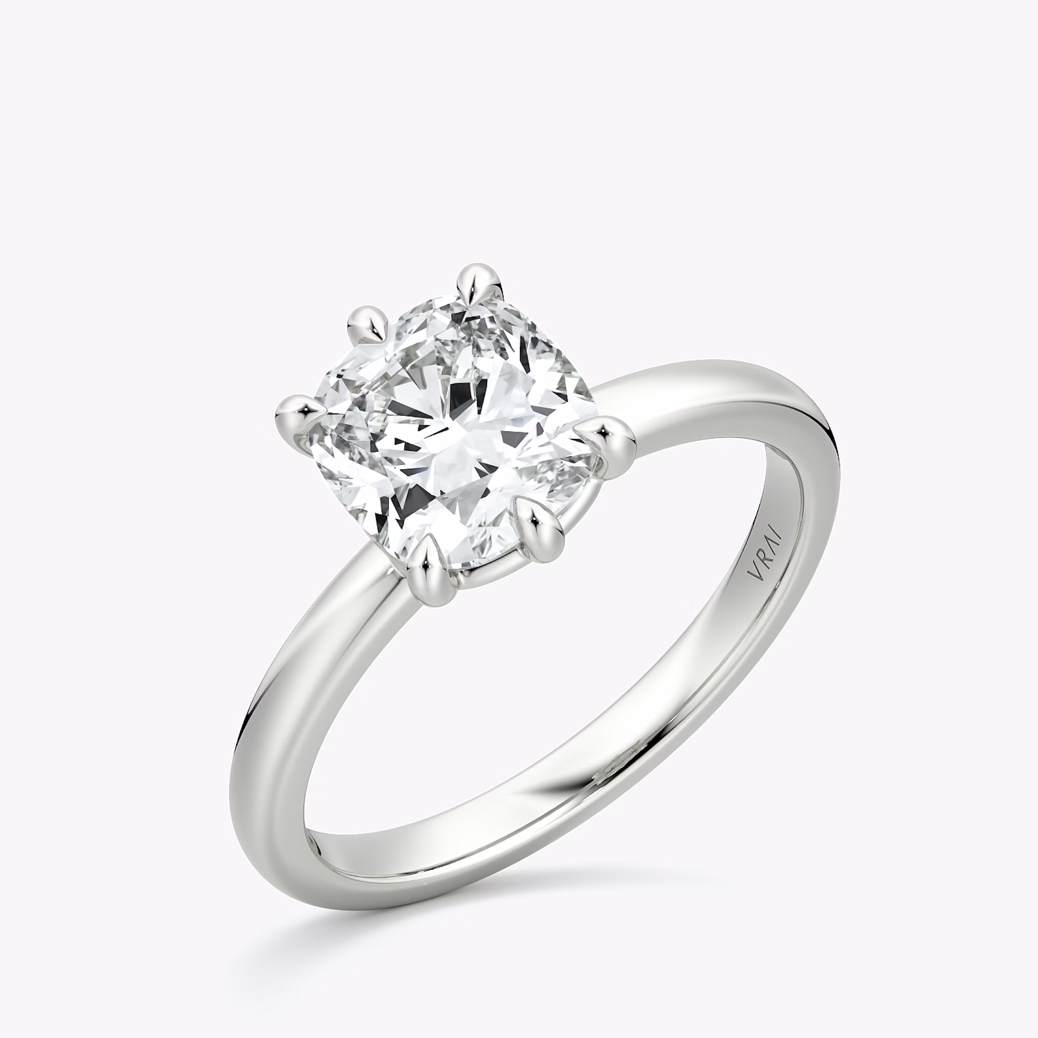 The Signature 6 Prong | Cushion | 18k | White Gold | bandAccent: Plain | bandWidth: large | hiddenHalo: no | diamondOrientation: vertical | caratWeight: other