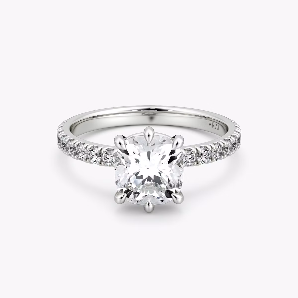The Signature 6 Prong | Cushion | Platinum | bandAccent: Pavé | bandWidth: large | hiddenHalo: no | diamondOrientation: vertical | caratWeight: other