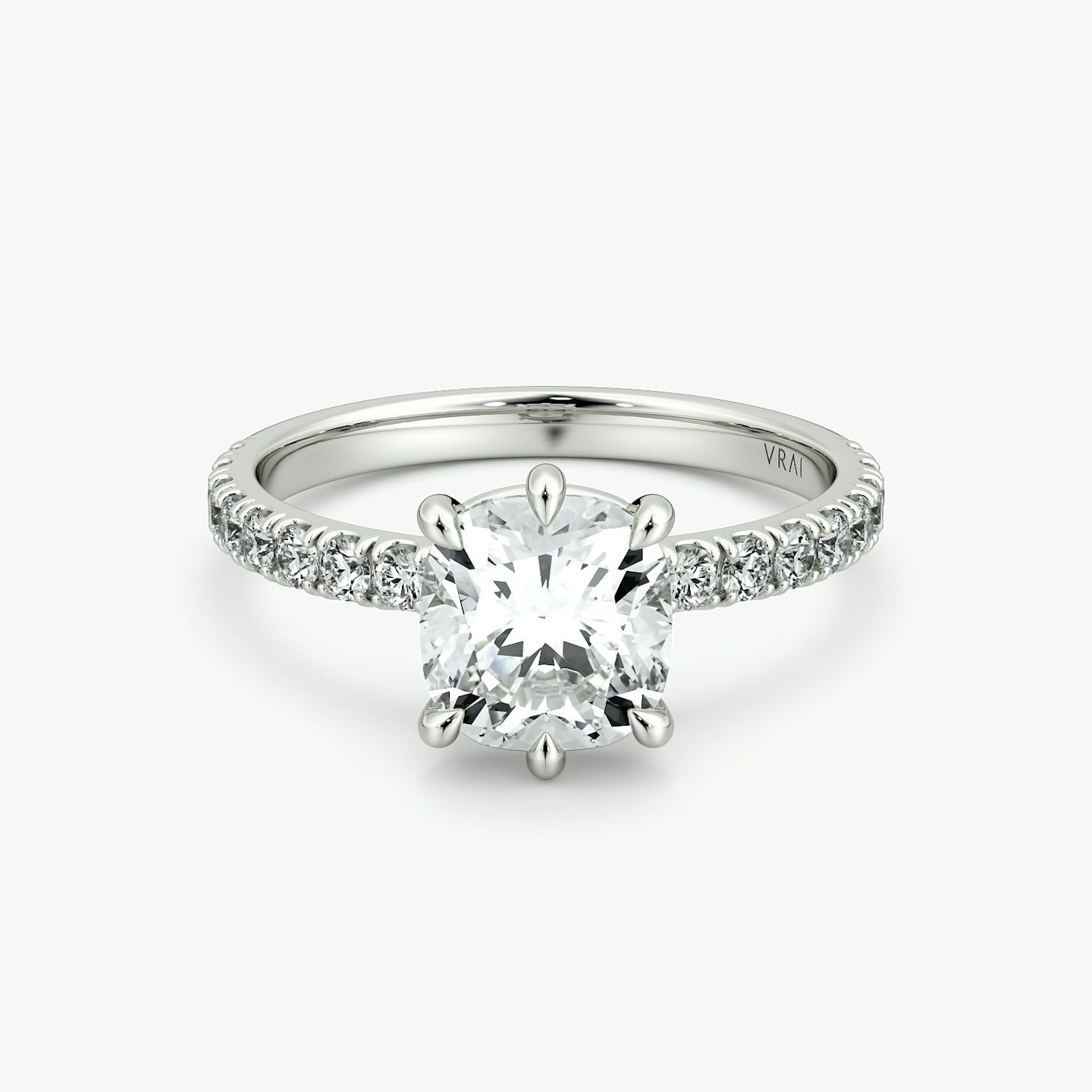 The Signature 6 Prong | Cushion | 18k | White Gold | bandAccent: Pavé | bandWidth: large | hiddenHalo: no | diamondOrientation: vertical | caratWeight: other