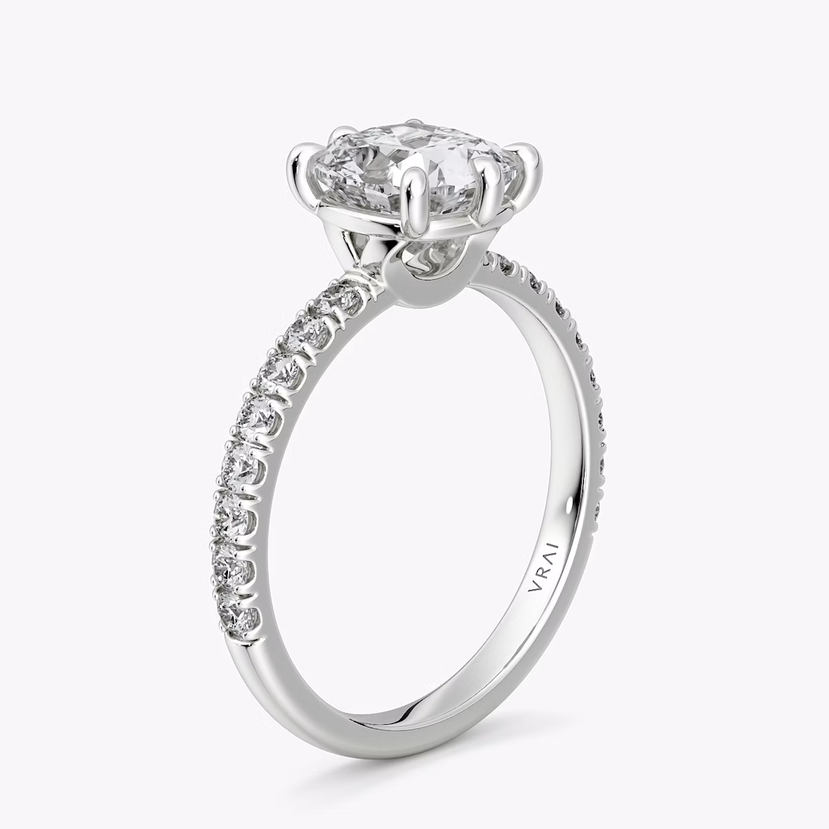 The Signature 6 Prong | Cushion | Platinum | bandAccent: Pavé | bandWidth: large | hiddenHalo: no | diamondOrientation: vertical | caratWeight: other
