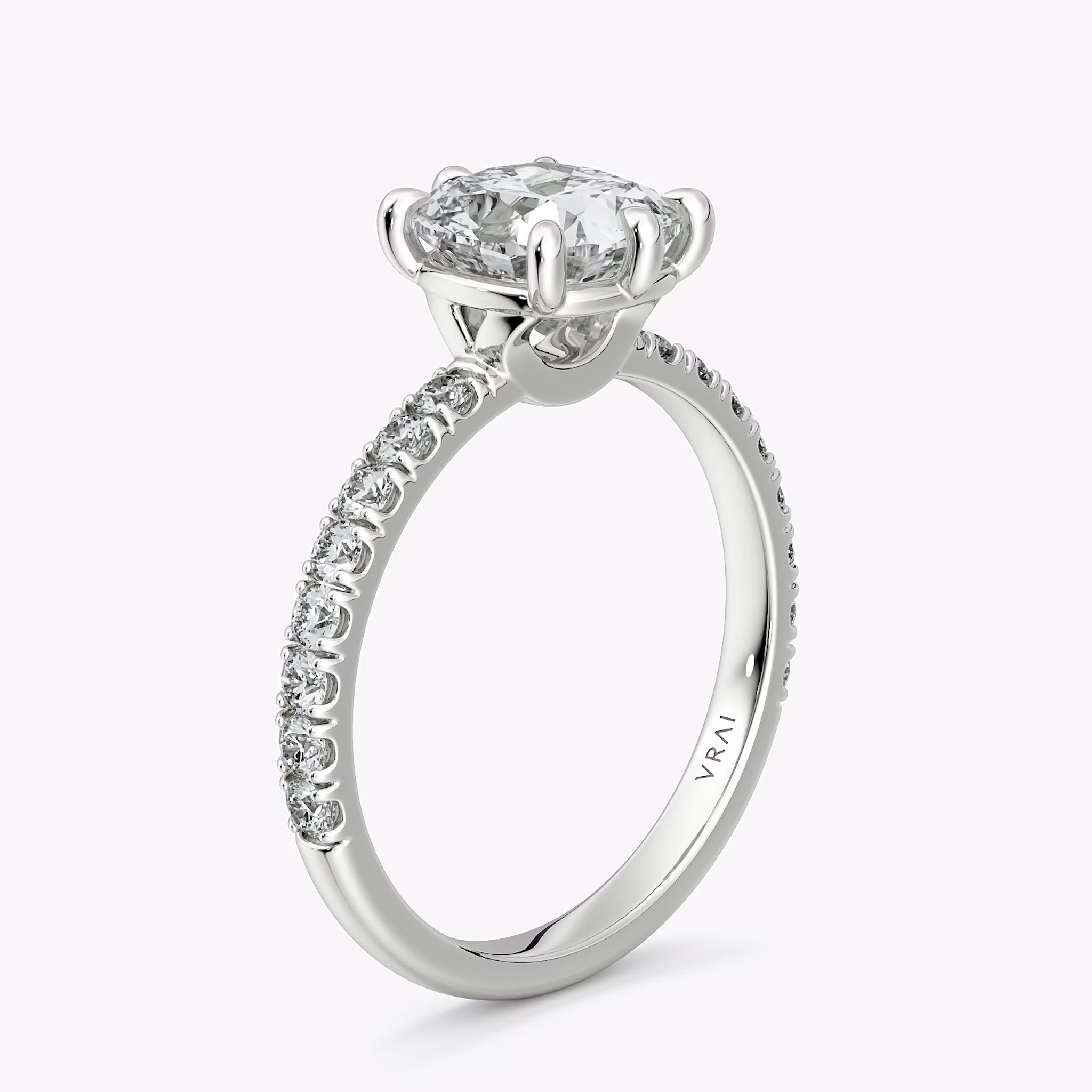 The Signature 6 Prong | Cushion | 18k | White Gold | bandAccent: Pavé | bandWidth: large | hiddenHalo: no | diamondOrientation: vertical | caratWeight: other