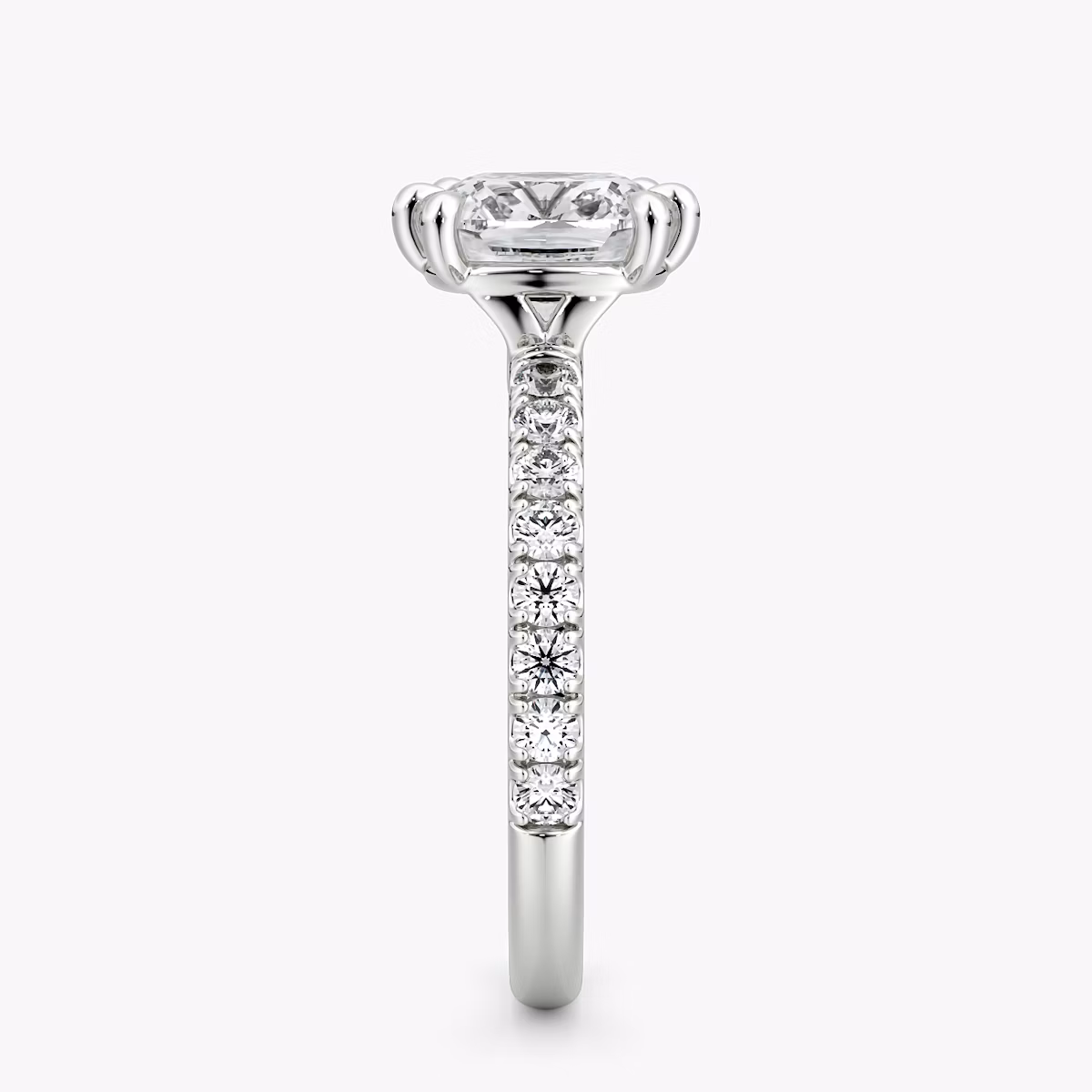 The Signature 6 Prong | Cushion | Platinum | bandAccent: Pavé | bandWidth: large | hiddenHalo: no | diamondOrientation: vertical | caratWeight: other