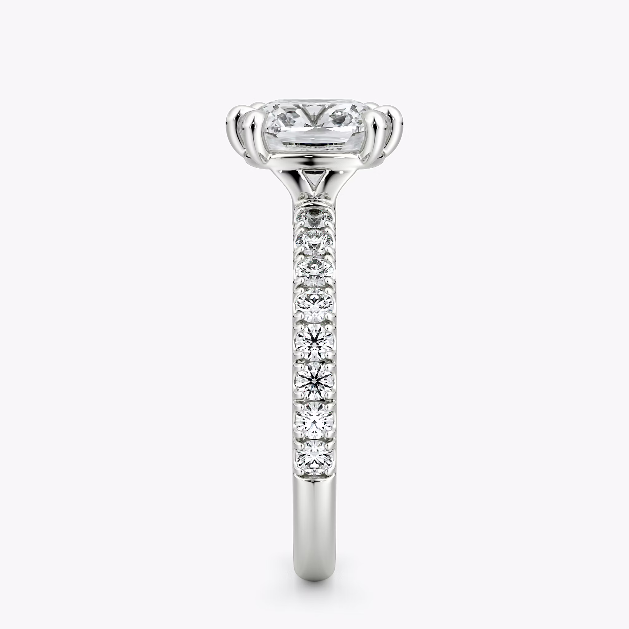 The Signature 6 Prong | Cushion | 18k | White Gold | bandAccent: Pavé | bandWidth: large | hiddenHalo: no | diamondOrientation: vertical | caratWeight: other