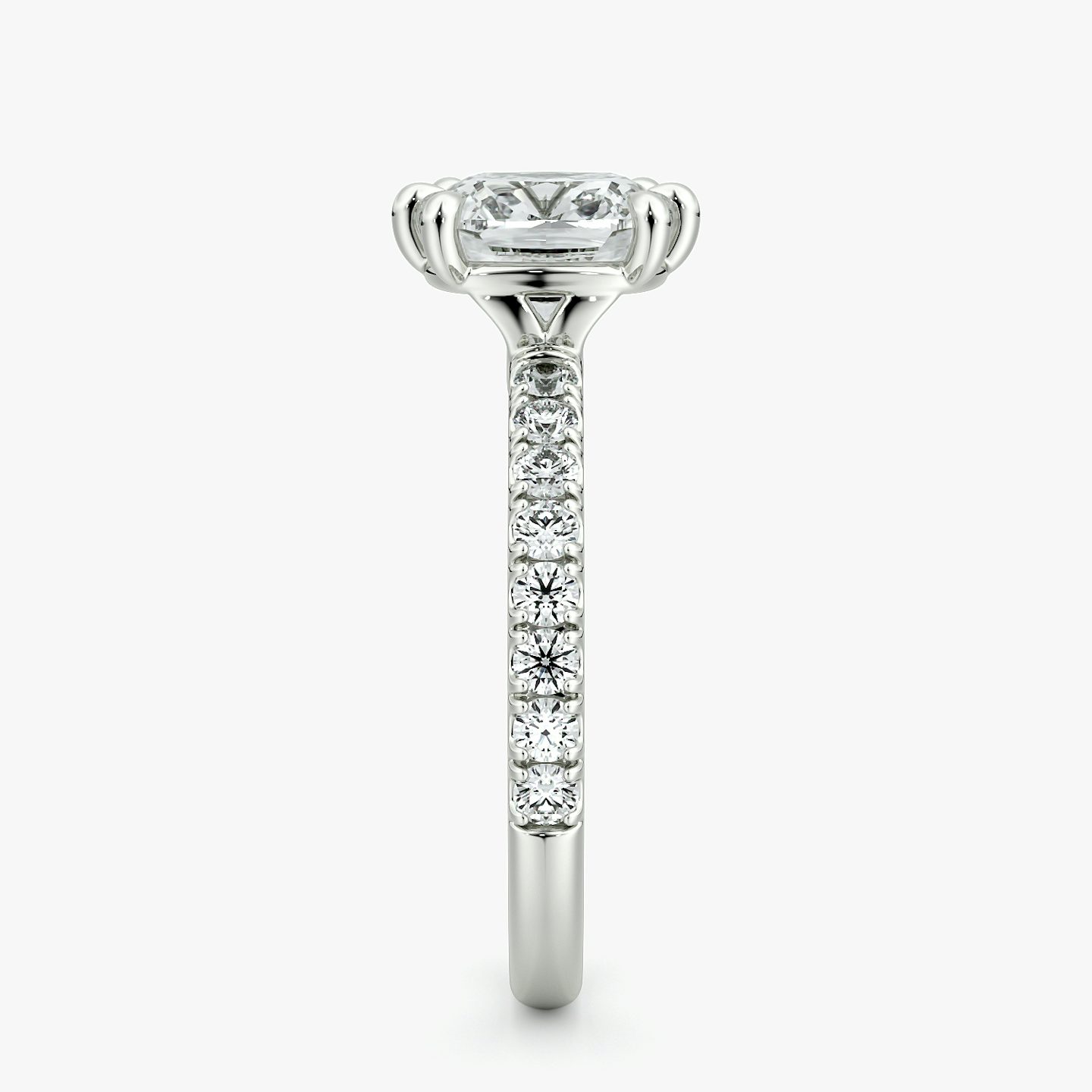 The Signature 6 Prong | Cushion | 18k | White Gold | bandAccent: Pavé | bandWidth: large | hiddenHalo: no | diamondOrientation: vertical | caratWeight: other
