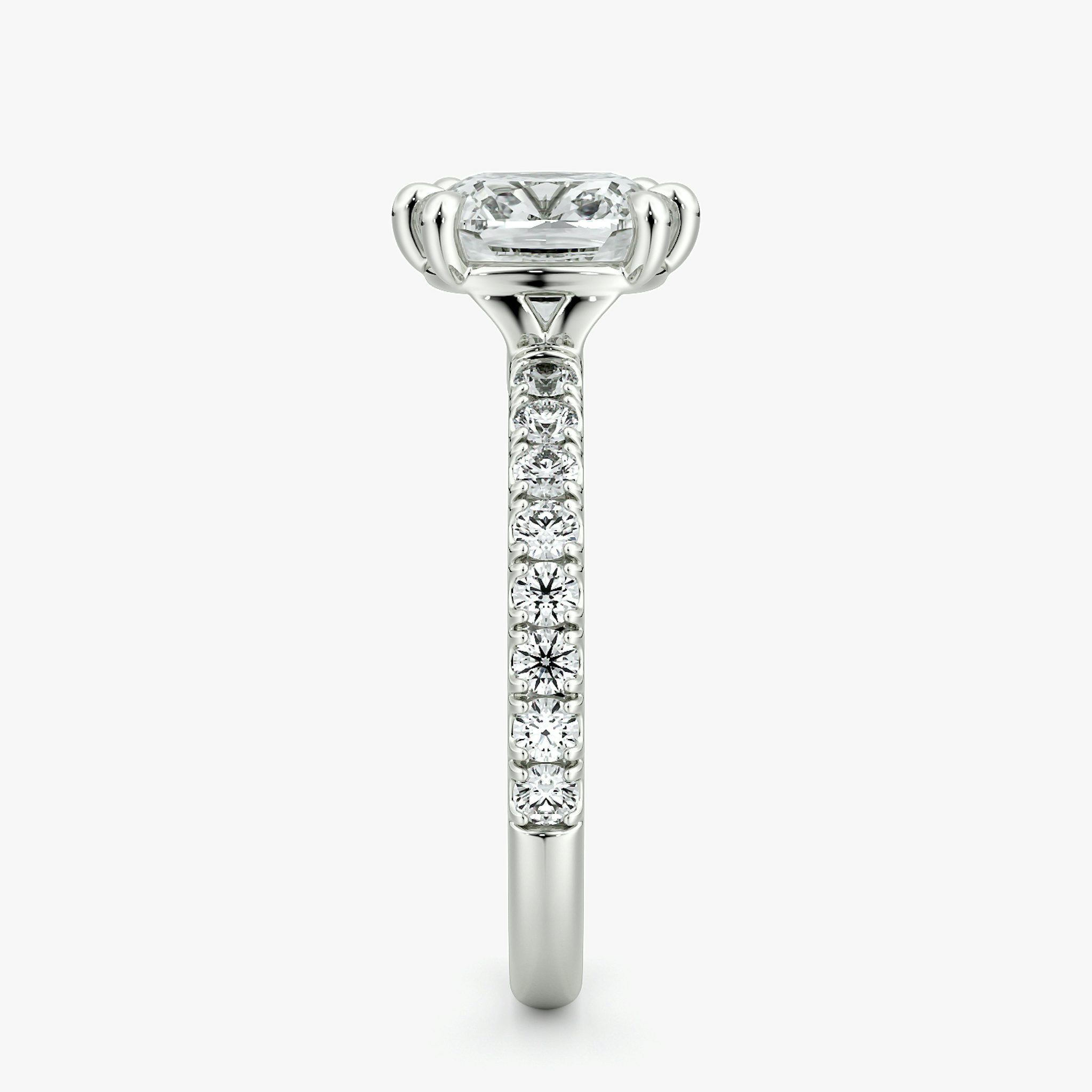 The Signature 6 Prong | Cushion | 18k | White Gold | bandAccent: Pavé | bandWidth: large | hiddenHalo: no | diamondOrientation: vertical | caratWeight: other
