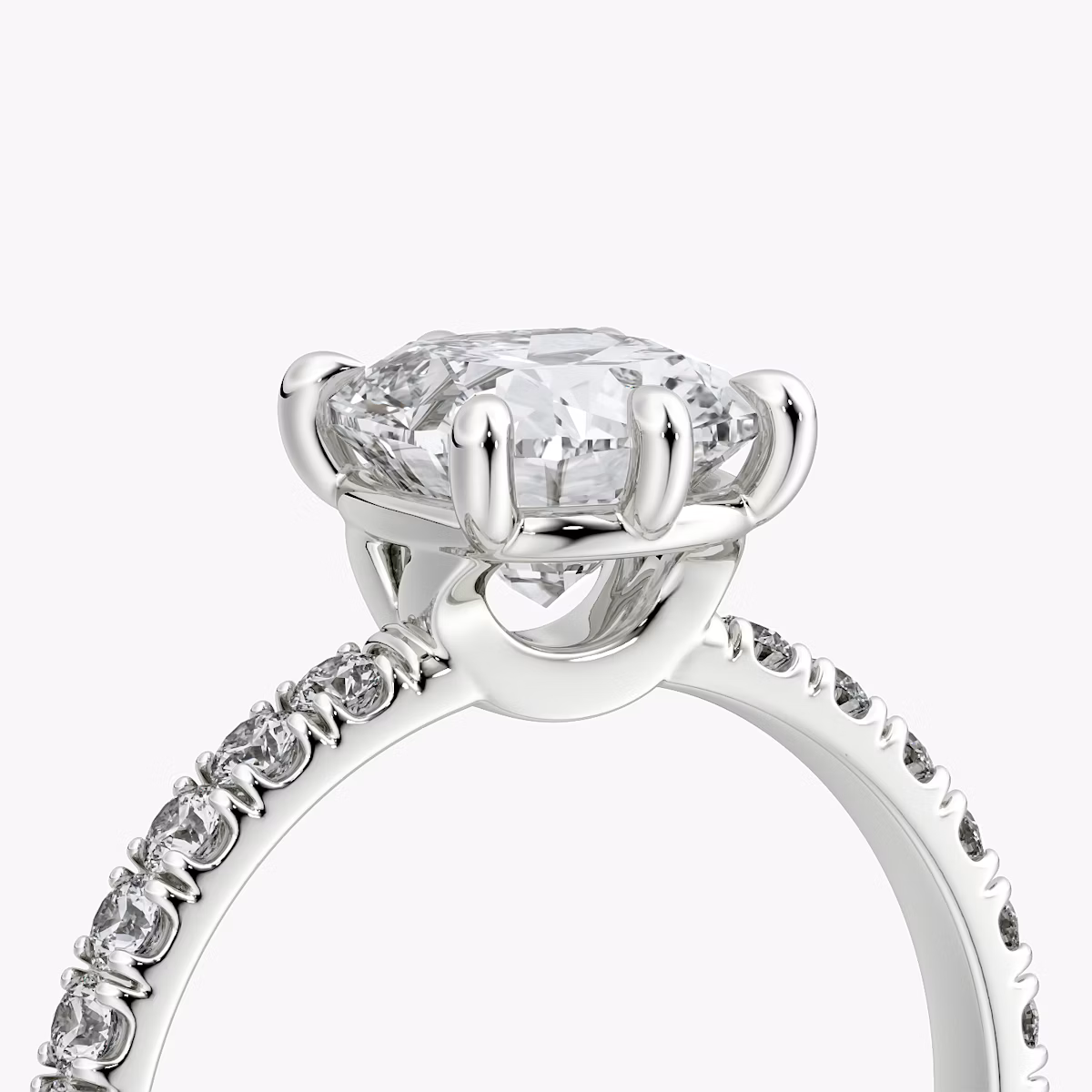 The Signature 6 Prong | Cushion | Platinum | bandAccent: Pavé | bandWidth: large | hiddenHalo: no | diamondOrientation: vertical | caratWeight: other