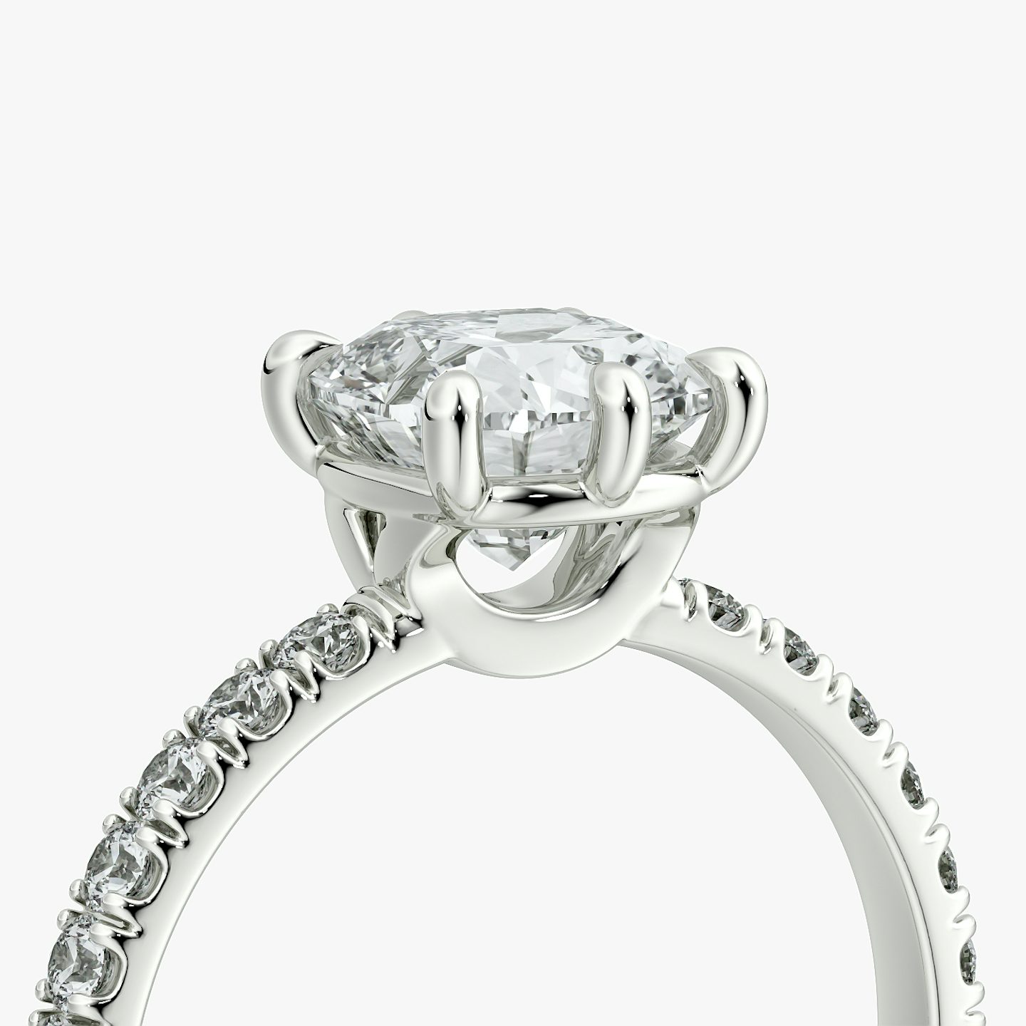 The Signature 6 Prong | Cushion | 18k | White Gold | bandAccent: Pavé | bandWidth: large | hiddenHalo: no | diamondOrientation: vertical | caratWeight: other