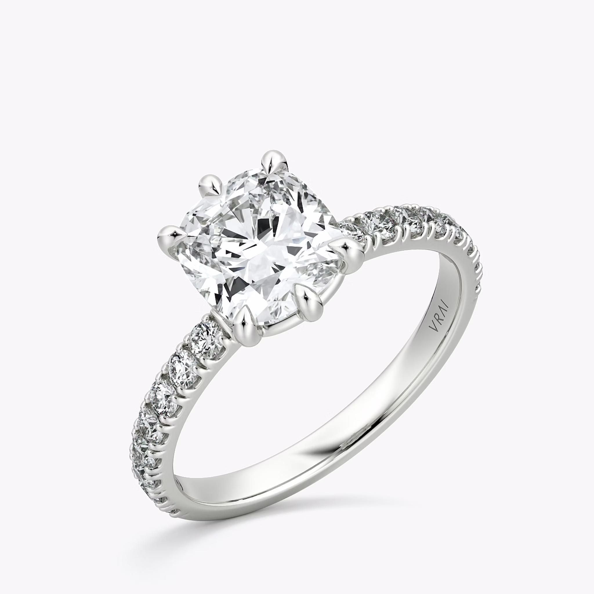The Signature 6 Prong | Cushion | 18k | White Gold | bandAccent: Pavé | bandWidth: large | hiddenHalo: no | diamondOrientation: vertical | caratWeight: other