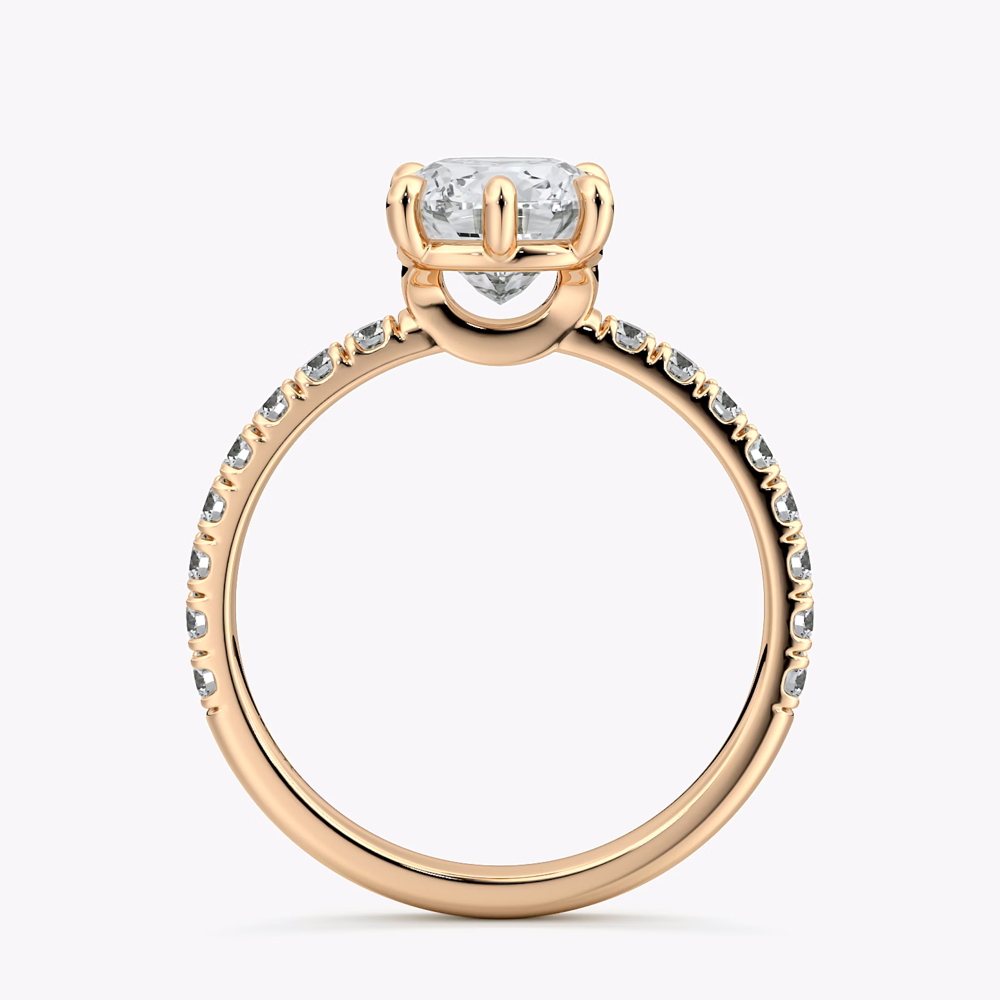 The Signature 6 Prong | Cushion | 14k | Rose Gold | bandAccent: Pavé | bandWidth: large | hiddenHalo: no | diamondOrientation: vertical | caratWeight: other