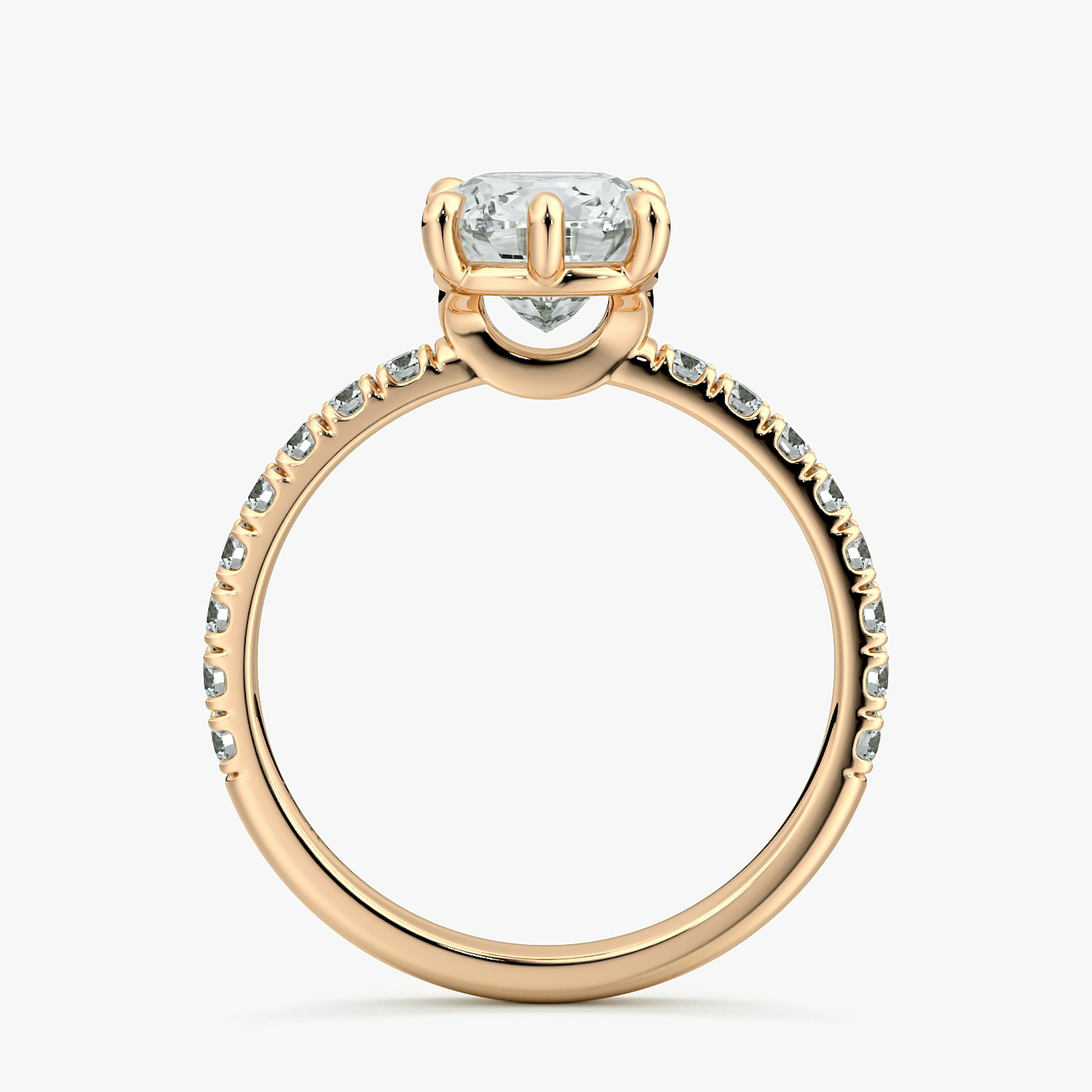 The Signature 6 Prong | Cushion | 14k | Rose Gold | bandAccent: Pavé | bandWidth: large | hiddenHalo: no | diamondOrientation: vertical | caratWeight: other