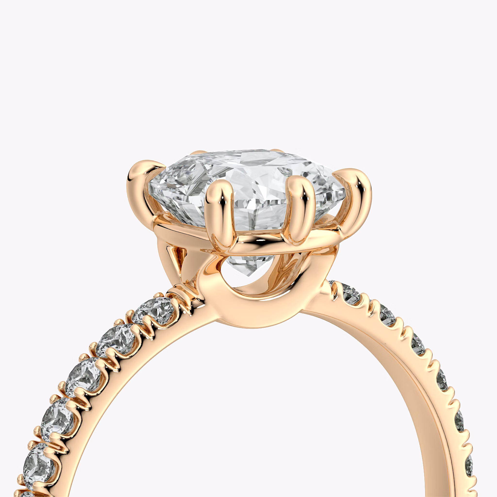 The Signature 6 Prong | Cushion | 14k | Rose Gold | bandAccent: Pavé | bandWidth: large | hiddenHalo: no | diamondOrientation: vertical | caratWeight: other